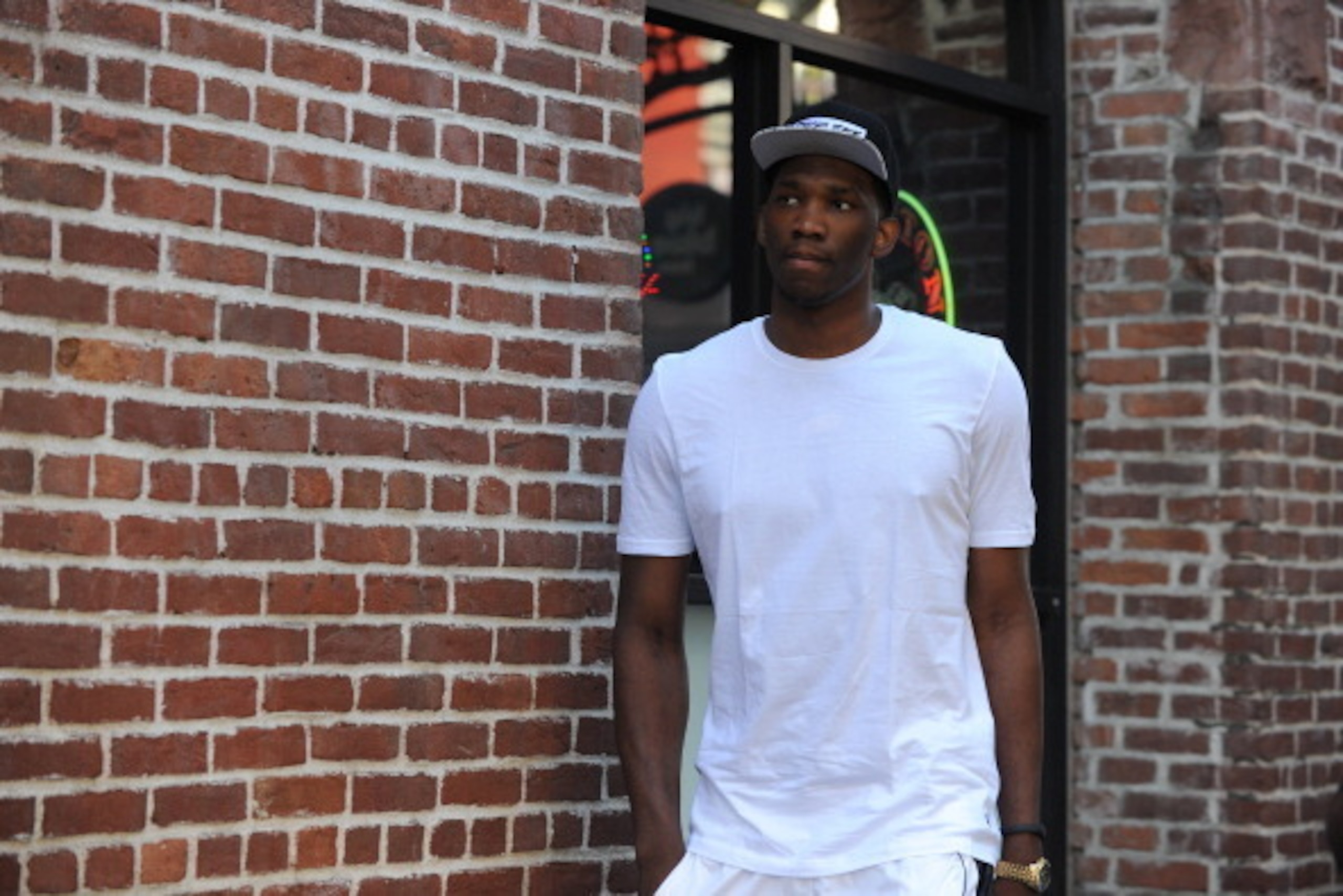 SANTA MONICA, CA - MAY 8:  NBA Draft prospect Joel Embiid behind the scenes on May 8, 2014 at Third Street Promenade in Santa Monica, California. NOTE TO USER: User expressly acknowledges and agrees that, by downloading and/or using this Photograph, user 