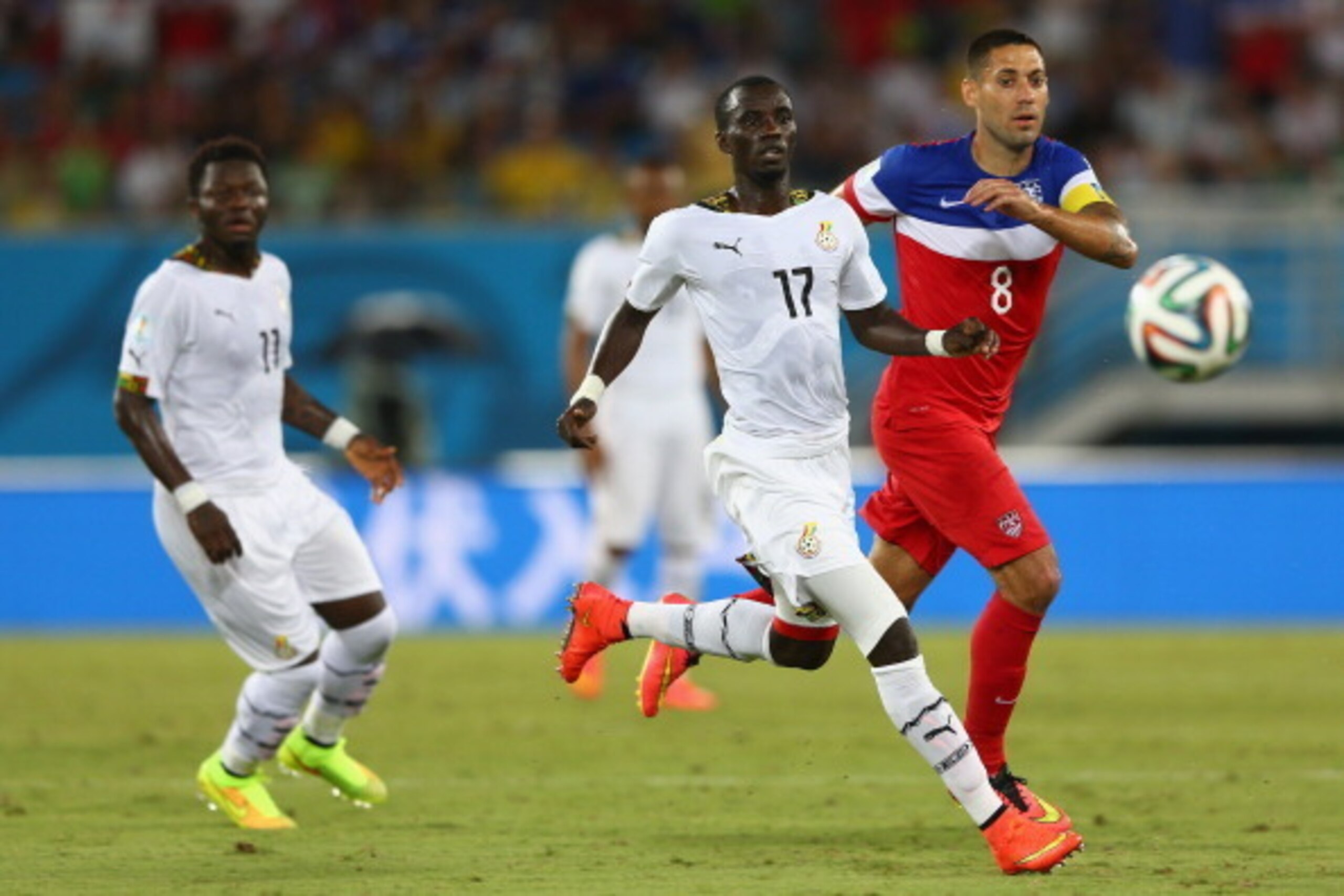 NATAL, BRAZIL - JUNE 16: Mohammed Rabiu (#17) of Ghana competes with Clint Dempsey (#8) of USA  during the 2014 FIFA World Cup Brazil Group G match between Ghana and the United States at Estadio das Dunas on June 16, 2014 in Natal, Brazil.  (Photo by Mich