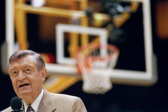 19 Jan 1998: Lakers T.V. and radio broadcaster Chick Hearn during the Los Angeles Lakers 92-89 win over the Orlando Magic at the Great Western Forum in Inglewood, California.