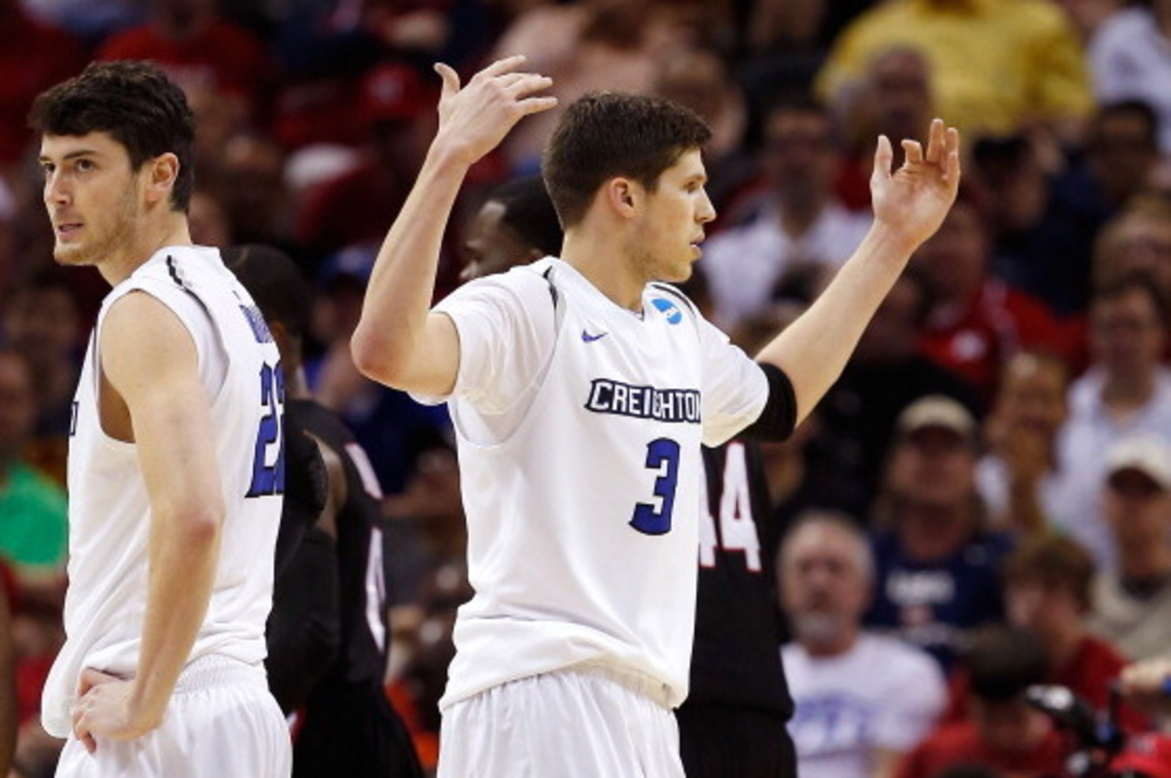 SAN ANTONIO, TX - MARCH 21:  Doug McDermott #3 of the Creighton Bluejays reacts after a play in the second half against the Louisiana Lafayette Ragin Cajuns during the second round of the 2014 NCAA Men's Basketball Tournament at AT&T Center on March 21, 2