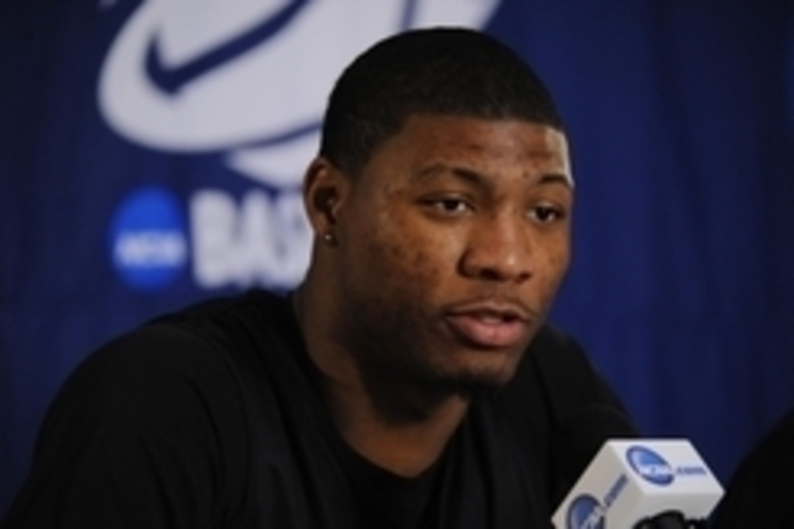 Mar 20, 2014; San Diego, CA, USA; Oklahoma State Cowboys player Marcus Smart is interviewed during practice before the second round of the 2014 NCAA Tournament at Viejas Arena. Mandatory Credit: Christopher Hanewinckel-USA TODAY Sports