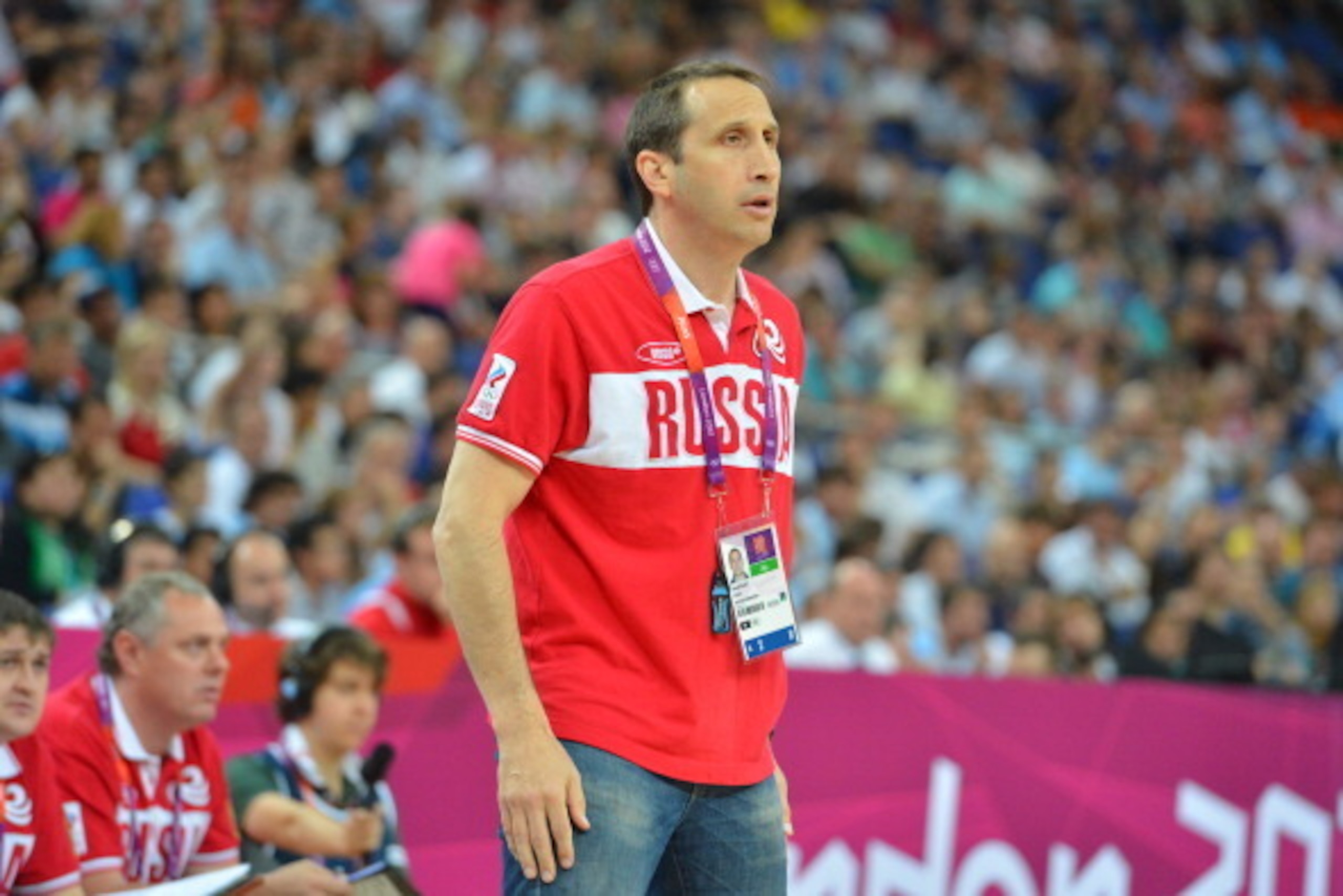 LONDON, ENGLAND - AUGUST 12: Head Coach David Blatt of Russia looks on versus Argentina during their Basketball Game on Day 16 of the London 2012 Olympic Games at the North Greenwich Arena on August 12, 2012 in London, England. NOTE TO USER: User expressl