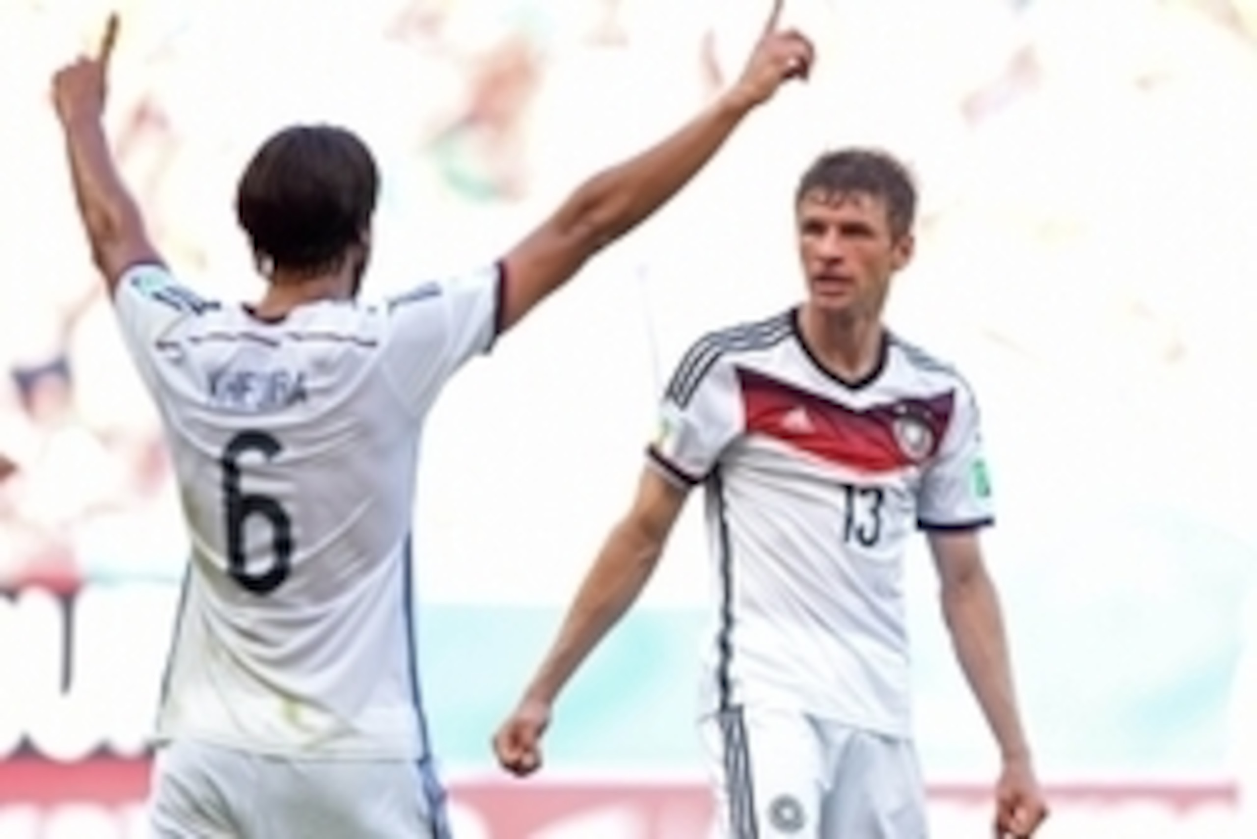 June 16, 2014; Salvador, BRAZIL; Germany player Thomas Mueller (13) and Sami Khedira (6) celebrate a goal against Portugal during Group G play during the 2014 World Cup at Arena Fonte Nova. Mandatory Credit: Tim Groothuis/Witters Sport via USA TODAY Spor June 16, 2014; Salvador, BRAZIL; Germany player Thomas Mueller (13) and Sami Khedira (6) celebrate a goal against Portugal during Group G play during the 2014 World Cup at Arena Fonte Nova. Mandatory Credit: Tim Groothuis/Witters Sport via USA TODAY Spor