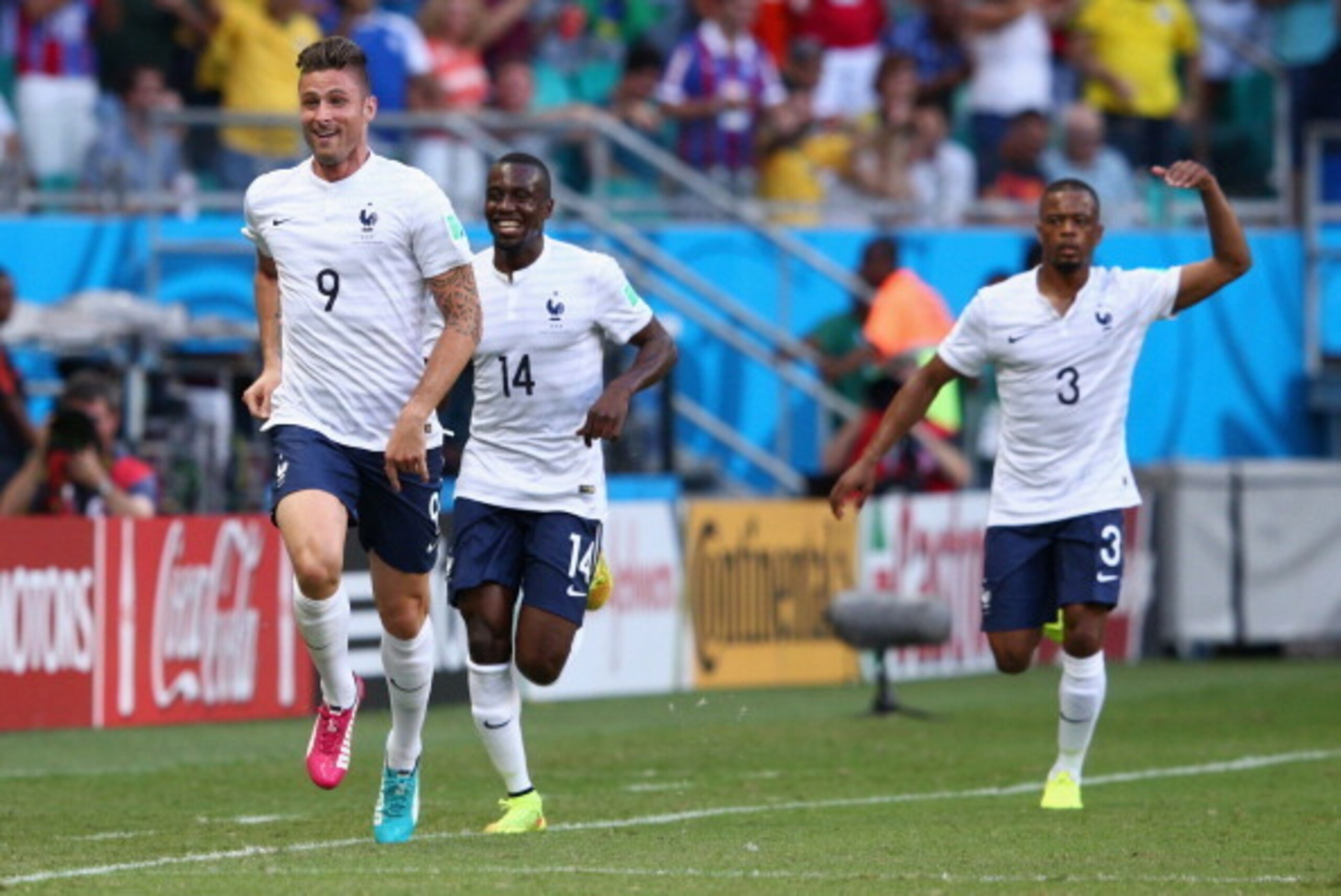 SALVADOR, BRAZIL - JUNE 20:  Olivier Giroud of France celebrates scoring his team's first goal during the 2014 FIFA World Cup Brazil Group E match between Switzerland and France at Arena Fonte Nova on June 20, 2014 in Salvador, Brazil.  (Photo by Adam Pre