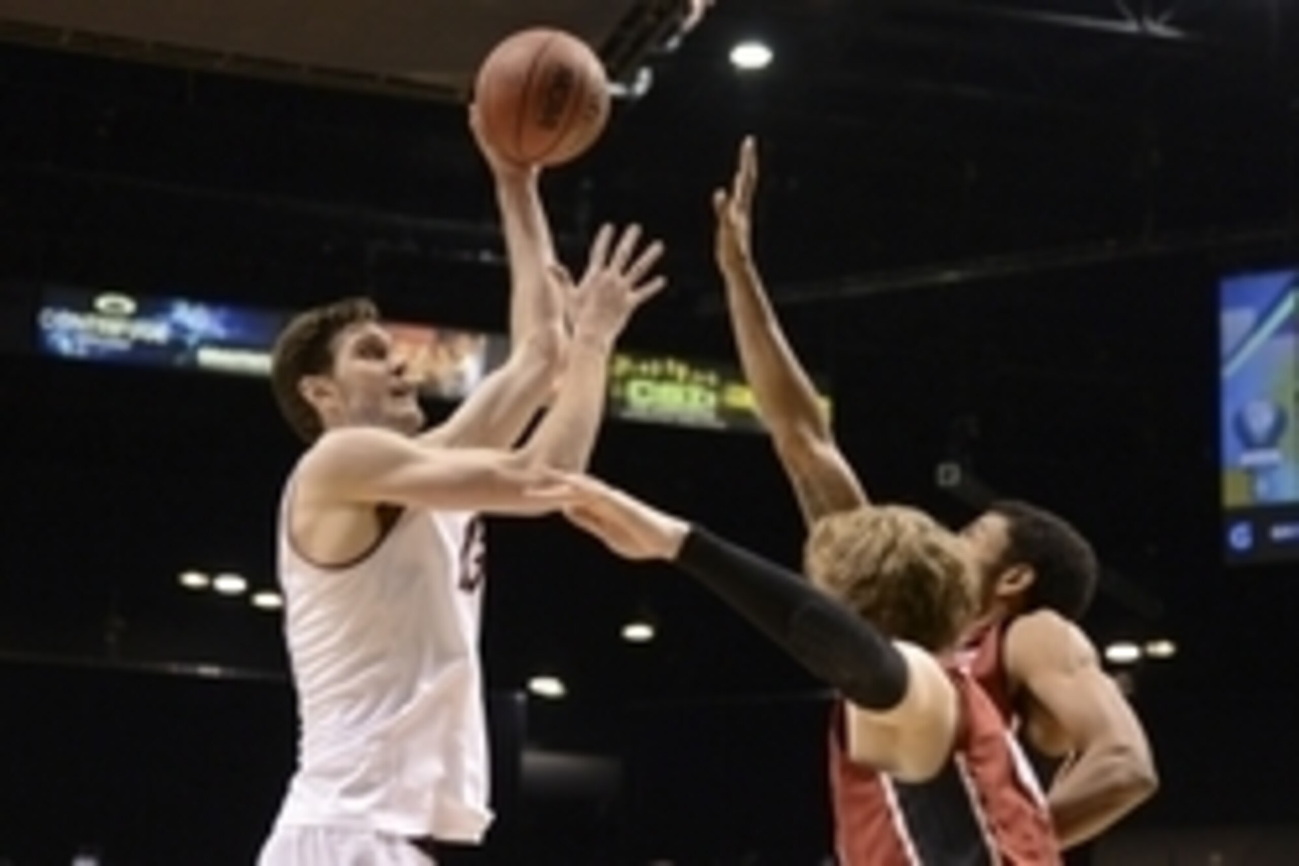Mar 13, 2014; Las Vegas, NV, USA; Arizona State Sun Devils center Jordan Bachynski (13) shoots against Stanford Cardinal forward/center John Gage (40) during the first half in the quarterfinals of the Pac-12 Conference college basketball tournament at MGM Mar 13, 2014; Las Vegas, NV, USA; Arizona State Sun Devils center Jordan Bachynski (13) shoots against Stanford Cardinal forward/center John Gage (40) during the first half in the quarterfinals of the Pac-12 Conference college basketball tournament at MGM