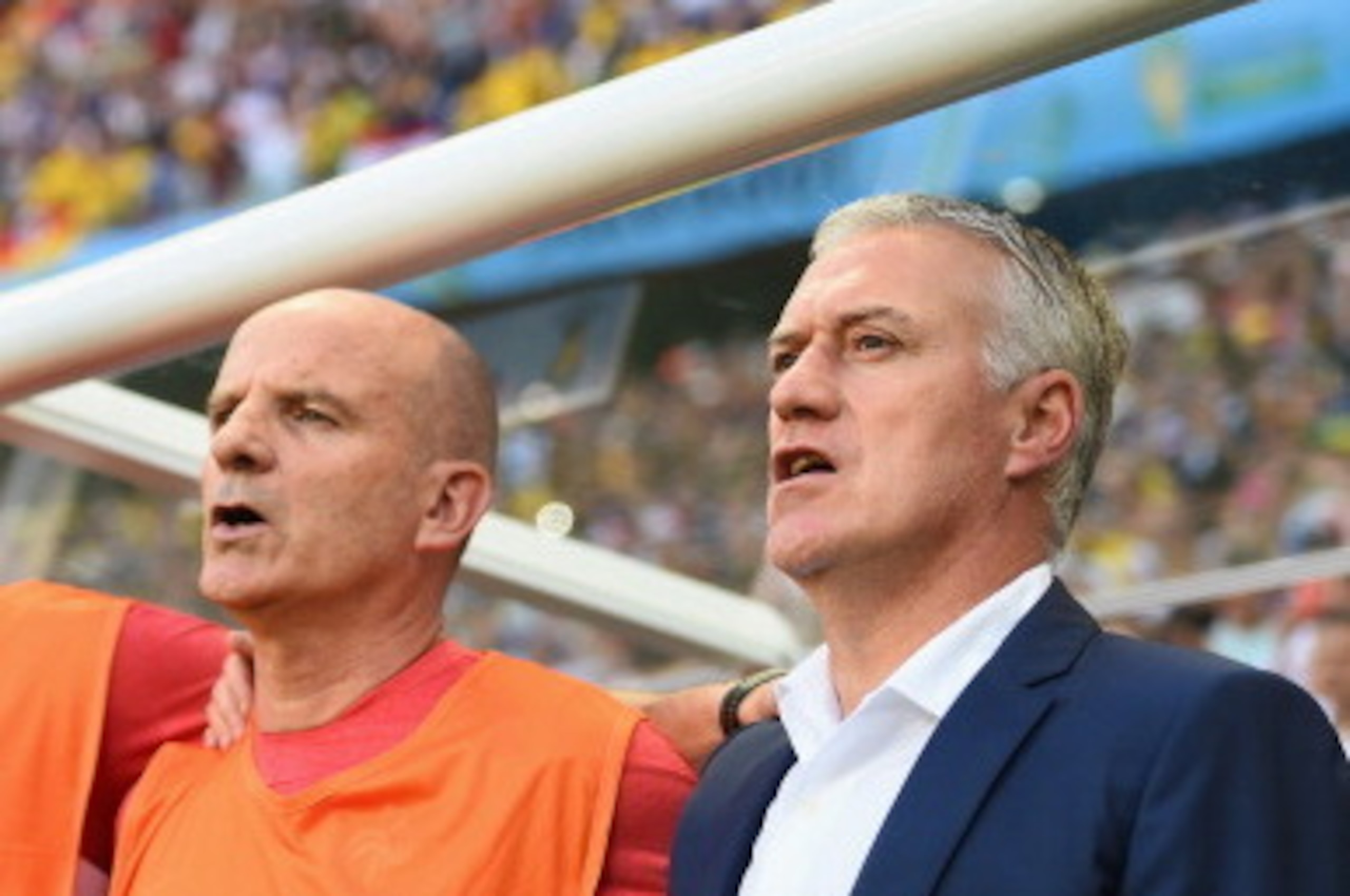SALVADOR, BRAZIL - JUNE 20:  Head coach Didier Deschamps of France looks on during the 2014 FIFA World Cup Brazil Group E match between Switzerland and France at Arena Fonte Nova on June 20, 2014 in Salvador, Brazil.  (Photo by Christopher Lee/Getty Image