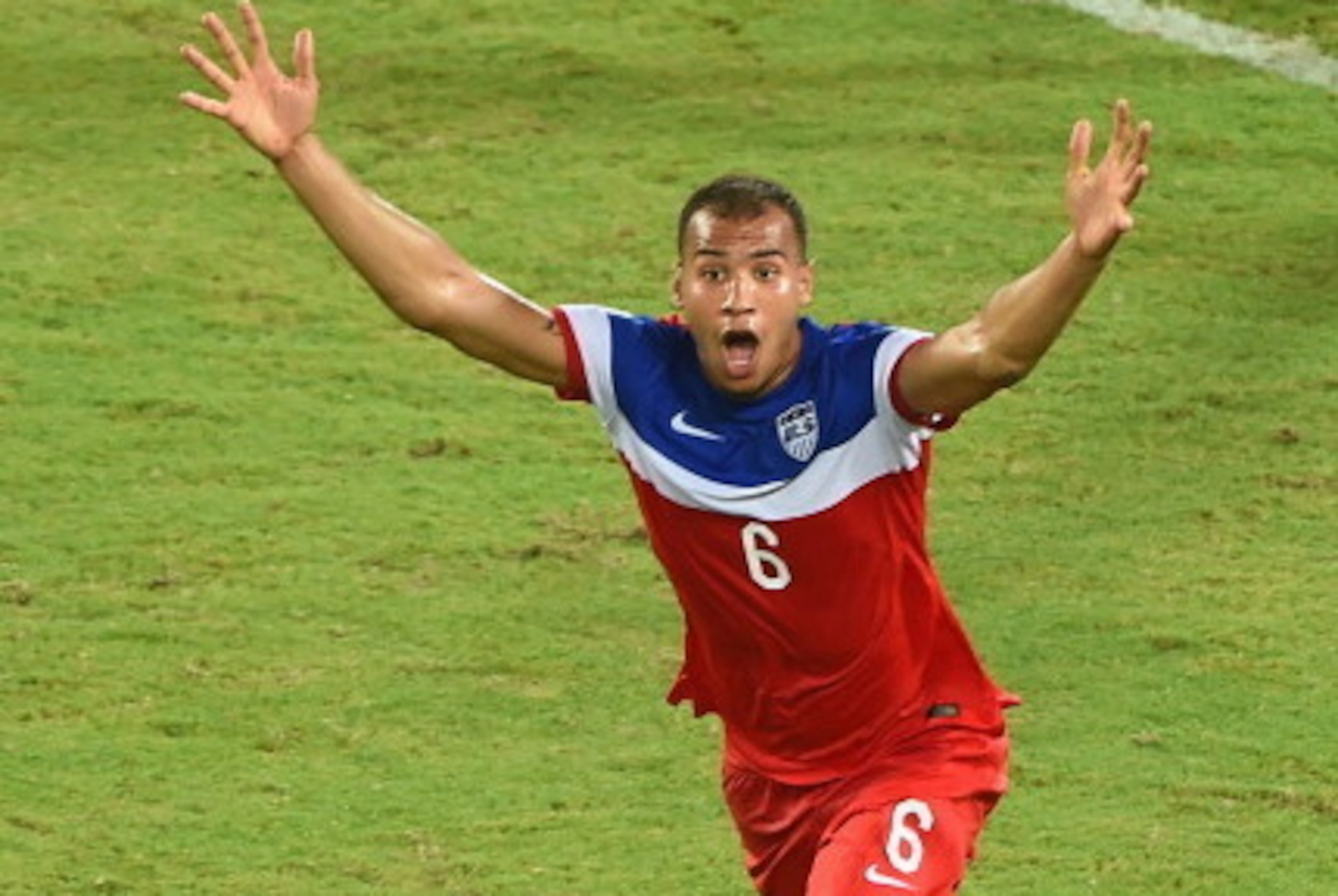 NATAL, BRAZIL - JUNE 16: John Brooks of the United States celebrates after scoring his team's second goal during the 2014 FIFA World Cup Brazil Group G match between Ghana and the United States at Estadio das Dunas on June 16, 2014 in Natal, Brazil. (Ph NATAL, BRAZIL - JUNE 16: John Brooks of the United States celebrates after scoring his team's second goal during the 2014 FIFA World Cup Brazil Group G match between Ghana and the United States at Estadio das Dunas on June 16, 2014 in Natal, Brazil. (Ph