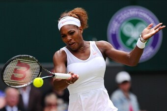 LONDON, ENGLAND - JULY 01:  Serena Williams of United States of America plays a forehand during her Ladies' Singles fourth round match against Sabine Lisicki of Germany on day seven of the Wimbledon Lawn Tennis Championships at the All England Lawn Tennis