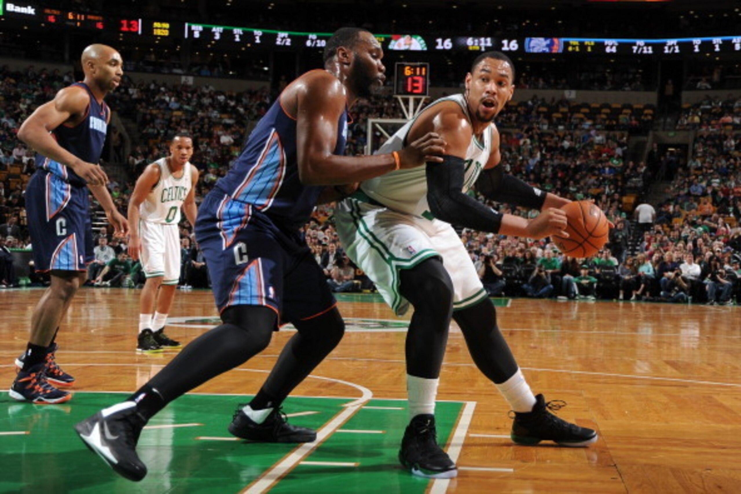 BOSTON, MA - APRIL 11: Jared Sullinger #7 of the Boston Celtics posts up during the gam aaginst Al Jefferson #25 of the Charlotte Bobcats on April 11, 2014 at the TD Garden in Boston, Massachusetts.  NOTE TO USER: User expressly acknowledges and agrees th