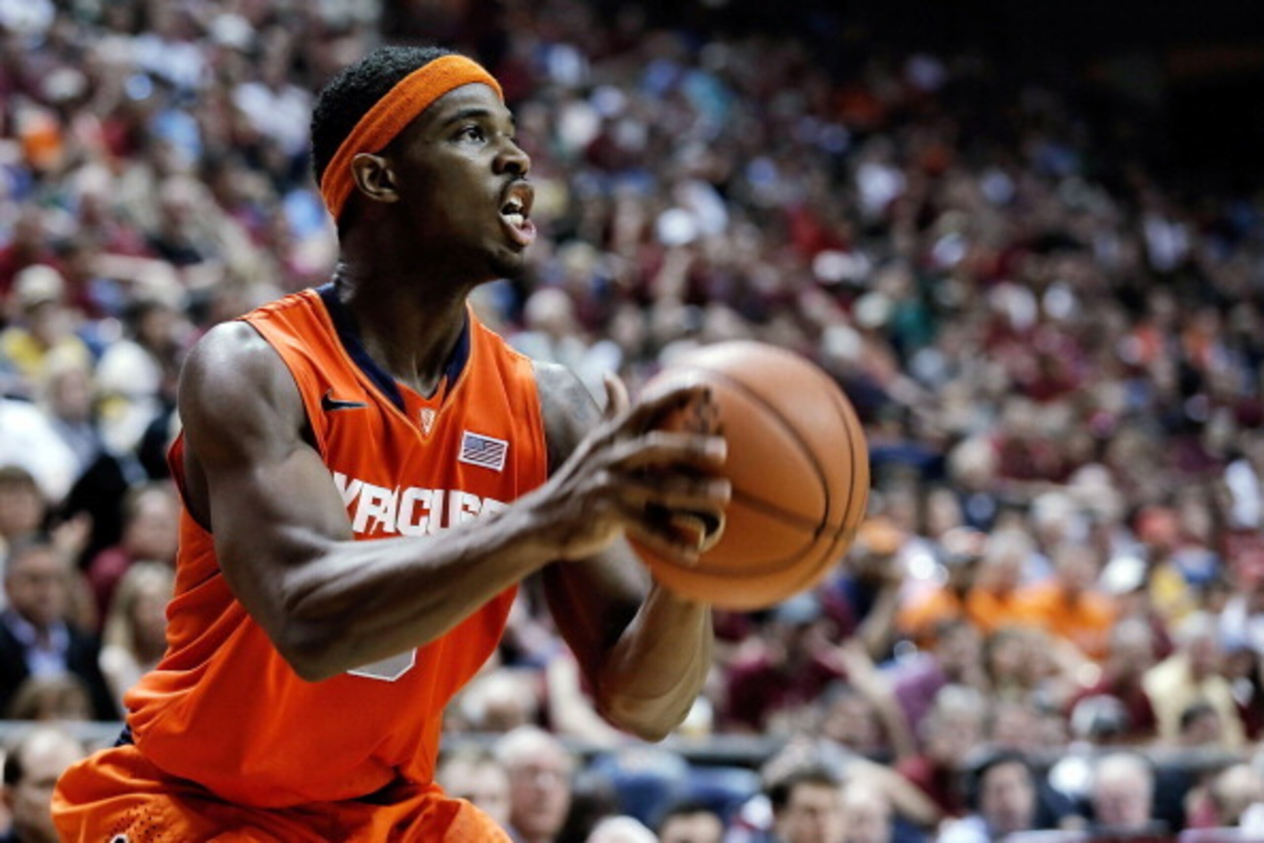 TALLAHASSEE, FL - MARCH 09:  C.J. Fair #5 of the Syracuse Orangemen shoots against the Florida State Seminoles during a game at the Donald L. Tucker Center on March 9, 2014 in Tallahassee, Florida.  Syracuse won the game 74-58.  (Photo by Stacy Revere/Get