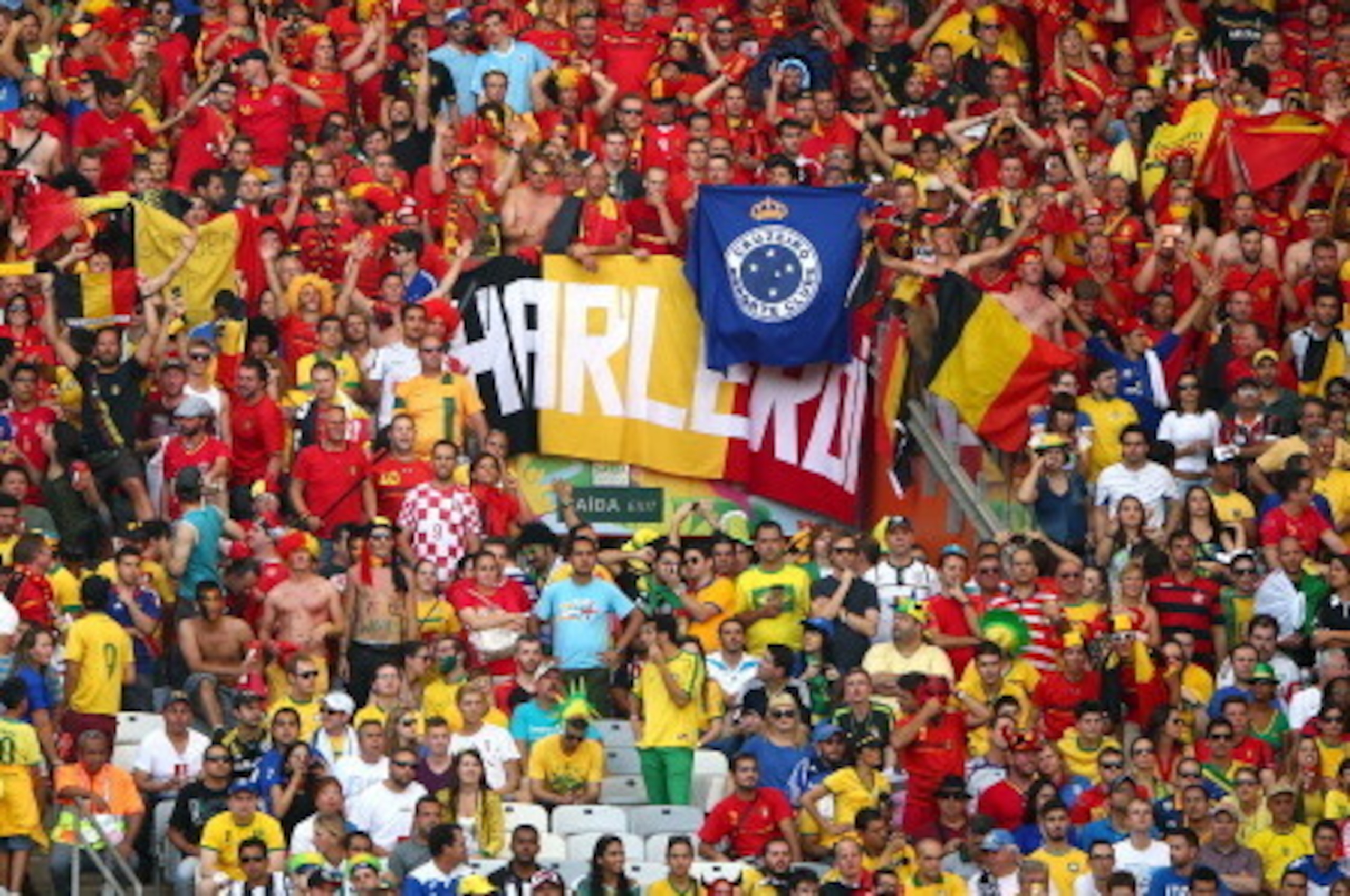 BELO HORIZONTE, BRAZIL - JUNE 17: Fans cheer during the 2014 FIFA World Cup Brazil Group H match between Belgium and Algeria at Estadio Mineirao on June 17, 2014 in Belo Horizonte, Brazil.  (Photo by Ian Walton/Getty Images)