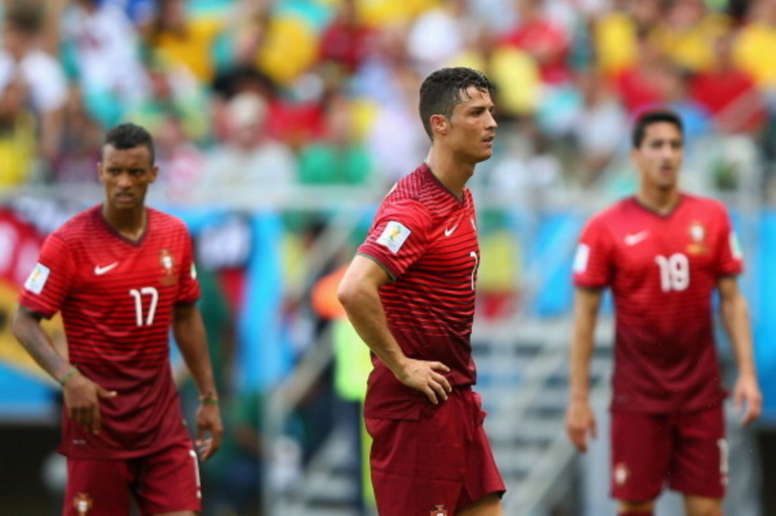 SALVADOR, BRAZIL - JUNE 16: A dejected Cristiano Ronaldo of Portugal looks on during the 2014 FIFA World Cup Brazil Group G match between Germany and Portugal at Arena Fonte Nova on June 16, 2014 in Salvador, Brazil.  (Photo by Martin Rose/Getty Images)