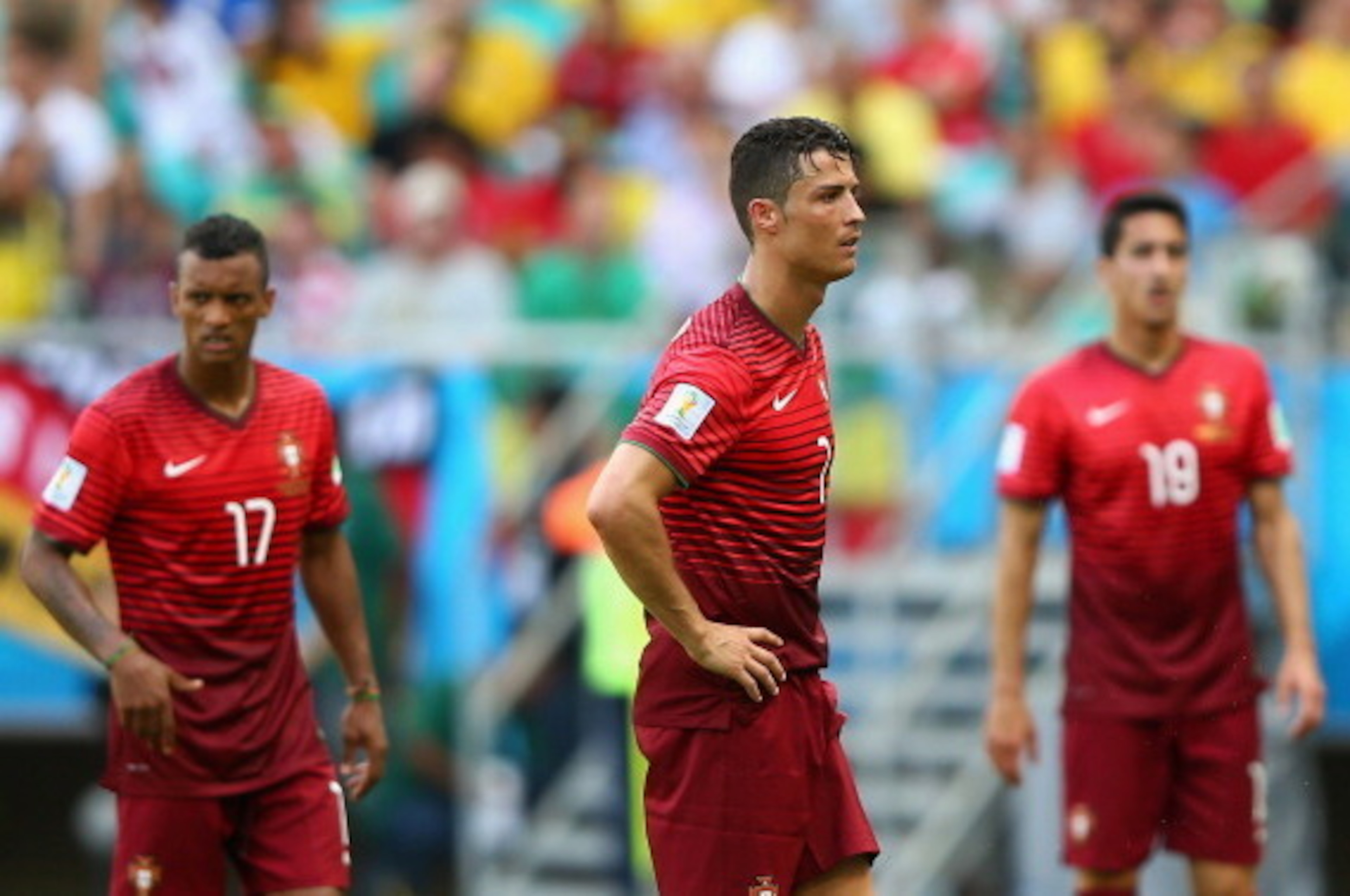 SALVADOR, BRAZIL - JUNE 16: A dejected Cristiano Ronaldo of Portugal looks on during the 2014 FIFA World Cup Brazil Group G match between Germany and Portugal at Arena Fonte Nova on June 16, 2014 in Salvador, Brazil. (Photo by Martin Rose/Getty Images) SALVADOR, BRAZIL - JUNE 16: A dejected Cristiano Ronaldo of Portugal looks on during the 2014 FIFA World Cup Brazil Group G match between Germany and Portugal at Arena Fonte Nova on June 16, 2014 in Salvador, Brazil. (Photo by Martin Rose/Getty Images)