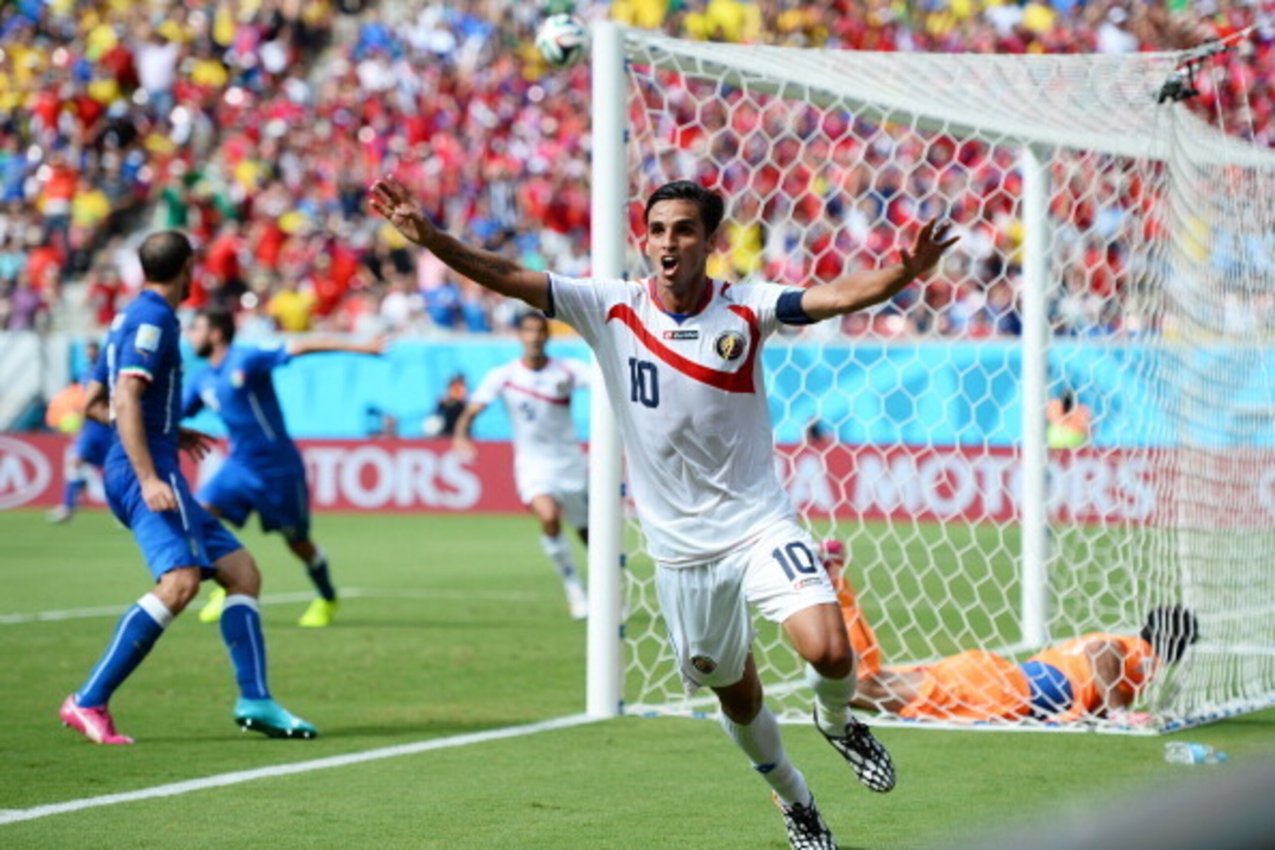 RECIFE, BRAZIL - JUNE 20:  Bryan Ruiz of Costa Rica celebrates scoring his team's first goal during the 2014 FIFA World Cup Brazil Group D match between Italy and Costa Rica at Arena Pernambuco on June 20, 2014 in Recife, Brazil.  (Photo by Jamie McDonald