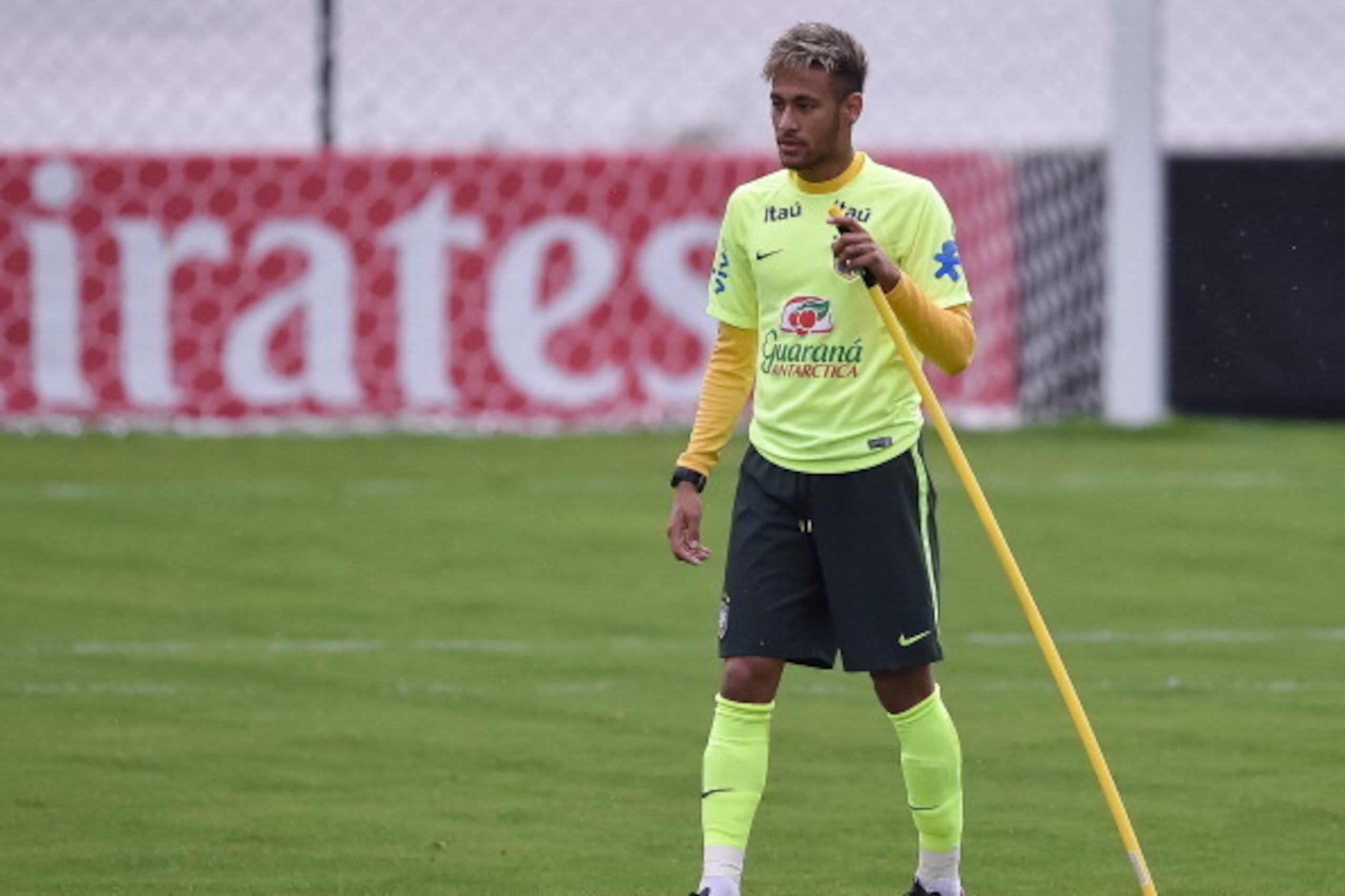 TERESOPOLIS, BRAZIL - JUNE 20: Neymar in action during a training session of the Brazilian national football team at the squad's Granja Comary training complex, on June 20, 2014 in Teresopolis, 90 km from downtown Rio de Janeiro, Brazil. (Photo by Buda Me