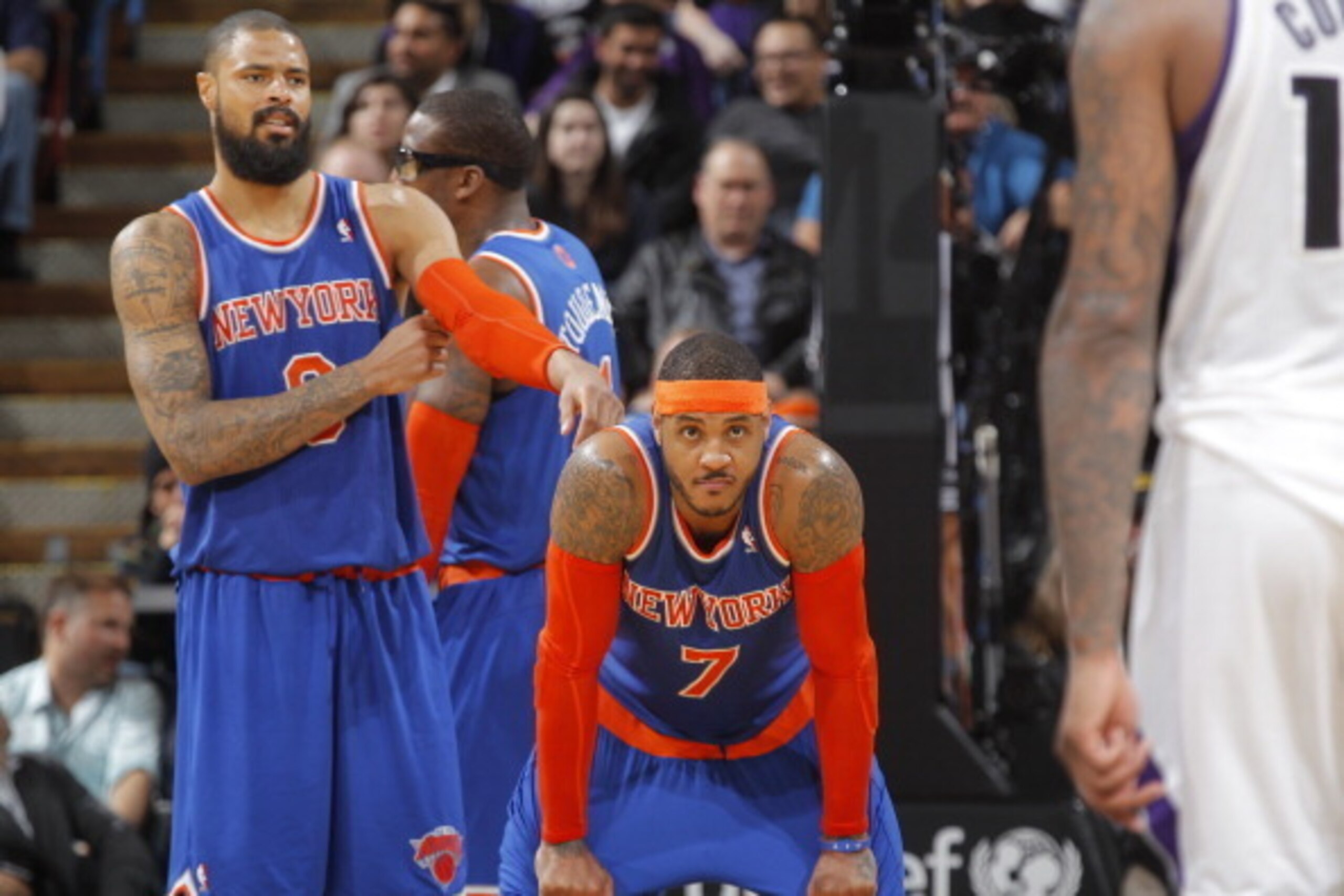 SACRAMENTO, CA - MARCH 26: Tyson Chandler #6 and Carmelo Anthony #7 of the New York Knicks in a game against the Sacramento Kings on March 26, 2014 at Sleep Train Arena in Sacramento, California. NOTE TO USER: User expressly acknowledges and agrees that, 