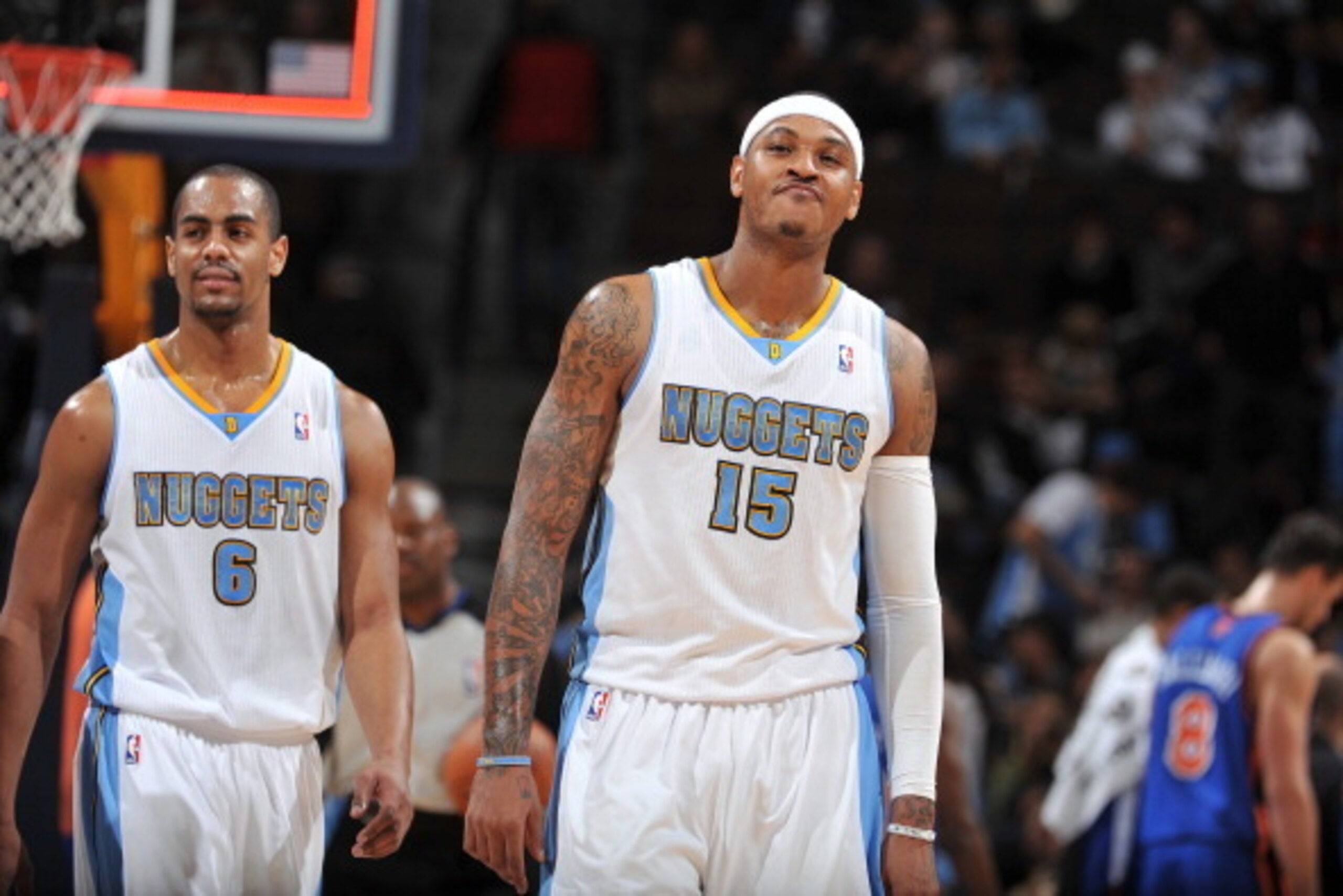 DENVER - NOVEMBER 16:  Carmelo Anthony #15 and Arron Afflalo #6 of the Denver Nuggets stand on the court during a game against the New York Knicks on November 16, 2010 at the Pepsi Center in Denver, Colorado. NOTE TO USER: User expressly acknowledges and 