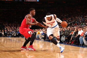 NEW YORK, NY - APRIL 13: Carmelo Anthony #7 of the New York Knicks drives against the Chicago Bulls during a game at Madison Square Garden in New York City on April 13, 2014.  NOTE TO USER: User expressly acknowledges and agrees that, by downloading and o