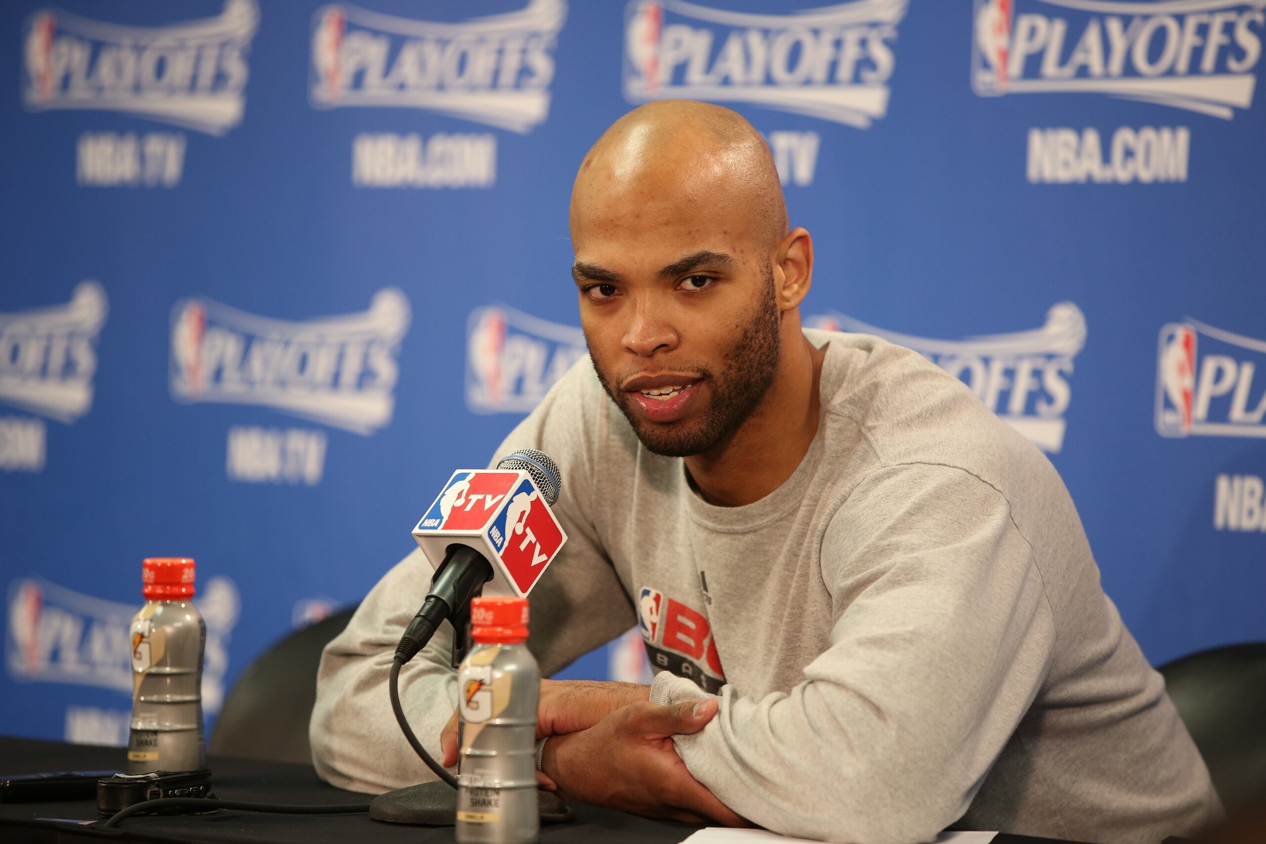 CHICAGO, IL - APRIL 22:  Taj Gibson #22 of the Chicago Bulls addresses the media following Game 2 of the Eastern Conference Quarterfinals against the Washington Wizards on April 22, 2014 at the United Center in Chicago, Illinois. NOTE TO USER: User expres