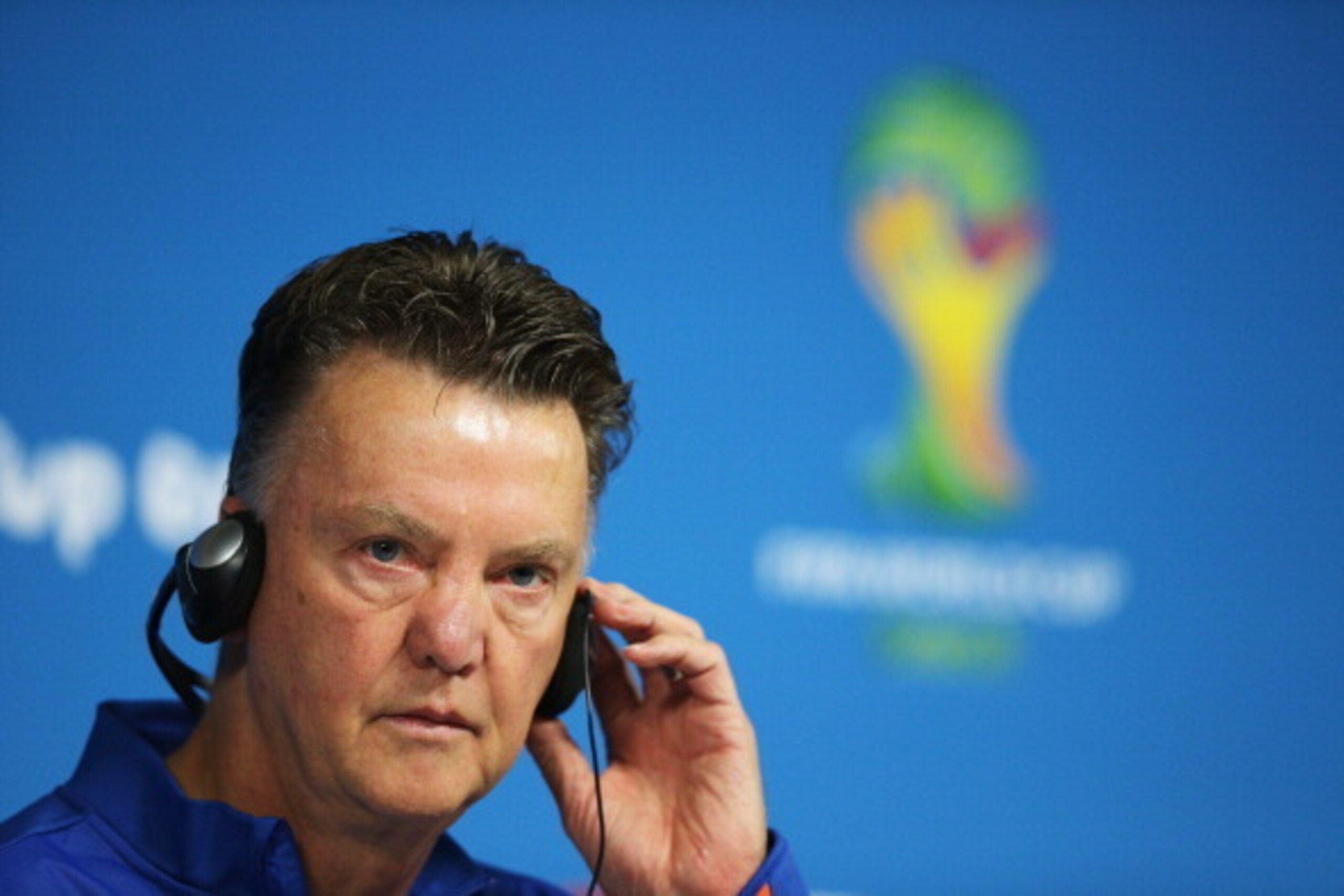 SAO PAULO, BRAZIL - JUNE 22: Louis van Gaal, team manager gets ready to speak to the media during the Netherlands Press Conference at the 2014 FIFA World Cup Brazil held at the Arena de Sao Paulo on June 22, 2014 in Sao Paulo, Brazil. (Photo by Dean Mou SAO PAULO, BRAZIL - JUNE 22: Louis van Gaal, team manager gets ready to speak to the media during the Netherlands Press Conference at the 2014 FIFA World Cup Brazil held at the Arena de Sao Paulo on June 22, 2014 in Sao Paulo, Brazil. (Photo by Dean Mou