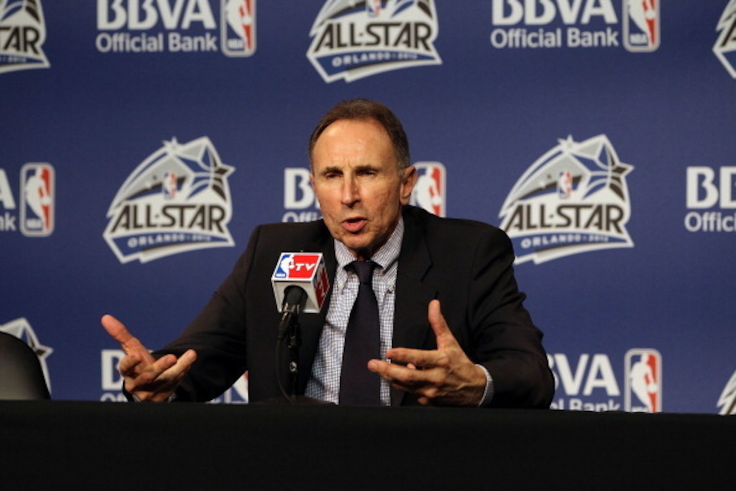ORLANDO, FL - FEBRUARY 24:  Coach Ron Adams of Team Shag responds to reporters during a press conference prior to the BBVA Rising Stars Challenge as part of 2012 All-Star Weekend at the Amway Center on February 24, 2012 in Orlando, Florida. NOTE TO USER: 