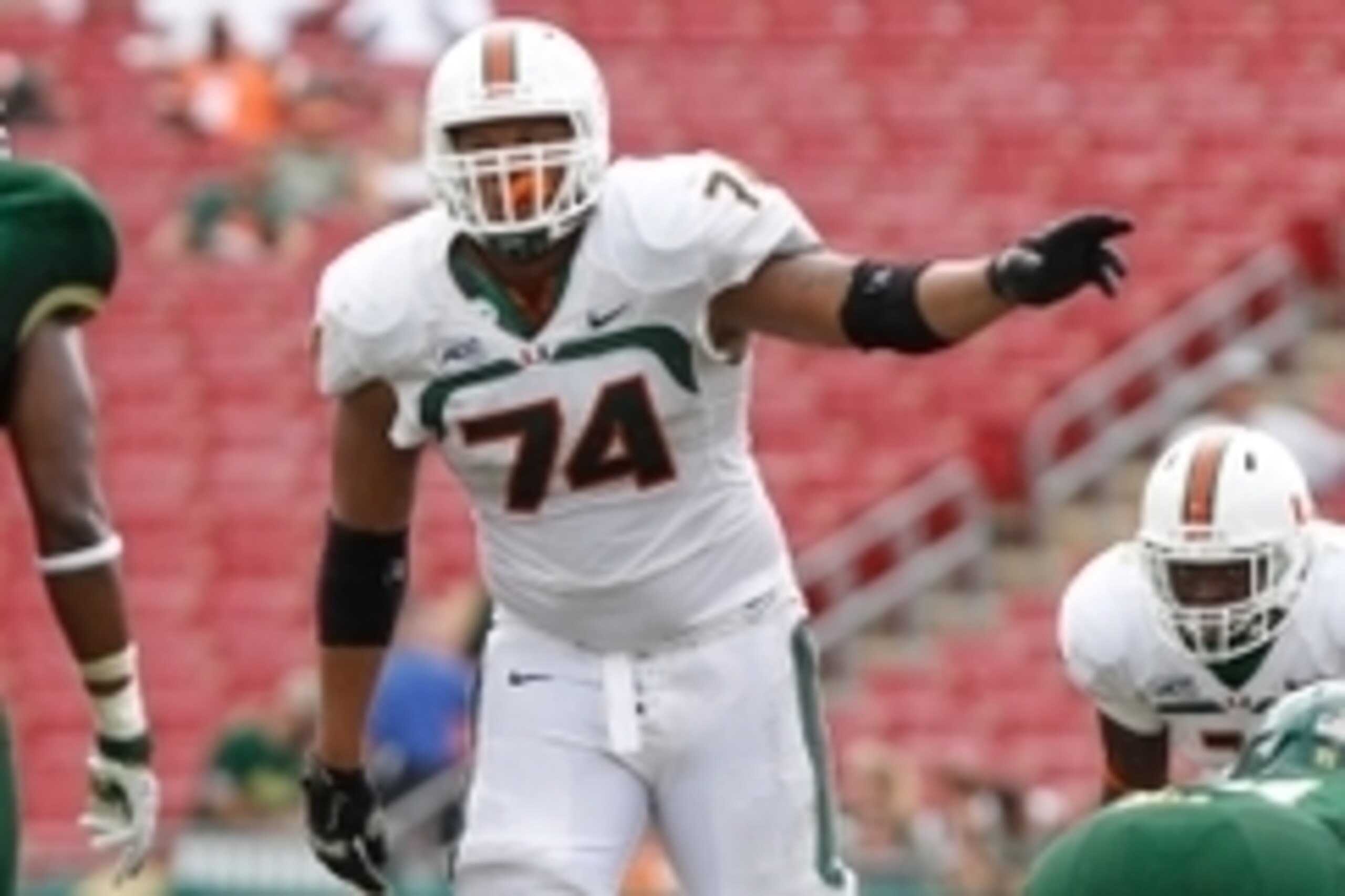 Sep 28, 2013; Tampa, FL, USA; Miami Hurricanes offensive linesman Ereck Flowers (74) against the South Florida Bulls during the second half at Raymond James Stadium. Miami Hurricanes defeated the South Florida Bulls 49-21. Mandatory Credit: Kim Klement-US
