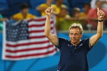 NATAL, BRAZIL - JUNE 16:  Jurgen Klinsmann of the United States celebrates his team's 2-1 victory over Ghana in the 2014 FIFA World Cup Brazil Group G match between Ghana and the United States at Estadio das Dunas on June 16, 2014 in Natal, Brazil.  (Phot