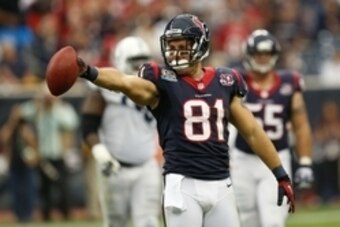 Dec 16, 2012; Houston, TX, USA; Houston Texans tight end Owen Daniels (81) celebrates a first down against the Indianapolis Colts during the first quarter at Reliant Stadium. Mandatory Credit: Thomas Campbell-USA TODAY Sports