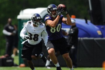 BALTIMORE, MD - MAY 17:  Tight end Crockett Gillmore #80 of the Baltimore Ravens participates in the Baltimore Ravens Rookie Minicamp on May 17, 2014 in Baltimore, Maryland.  (Photo by Larry French/Getty Images)