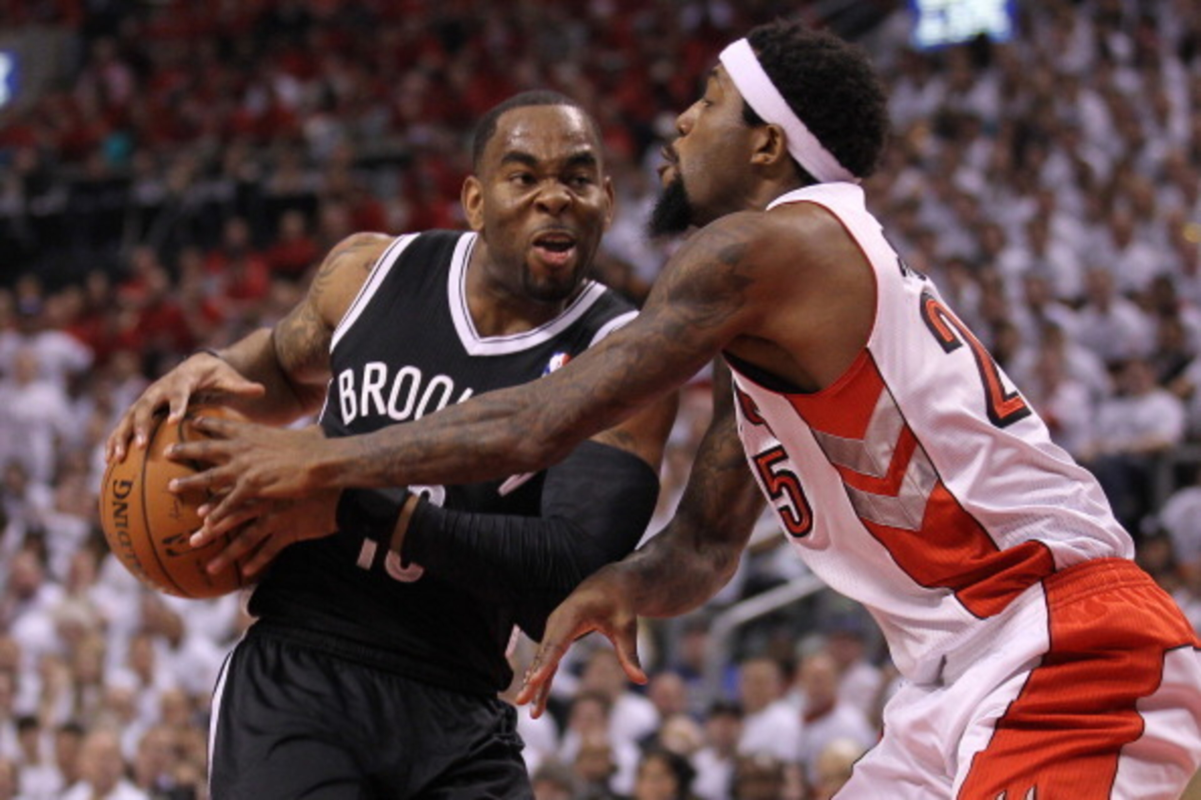 TORONTO, ON - MAY 4:  Marcus Thornton #10 of the Brooklyn Nets plays against John Salmons #25 of the Toronto Raptors in Game Seven of the NBA Eastern Conference Quarterfinals at the Air Canada Centre on May 4, 2014 in Toronto, Ontario, Canada. The Nets de