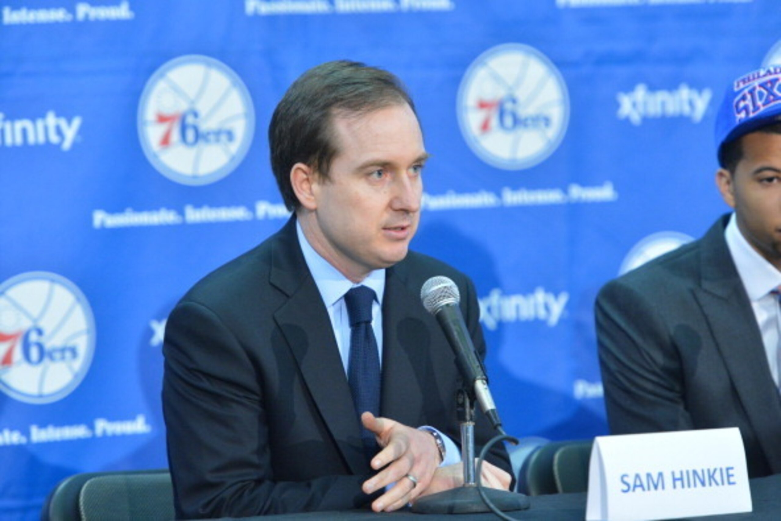PHILADELPHIA, PA - JUNE 28: Sam Hinkie, President & General Manager of the Philadelphia 76ers speaks at a press conference for the draftees of the Philadelphia 76ers at the Philadelphia College of Osteopathic Medicine on June 28, 2013 in Philadelphia, Pen