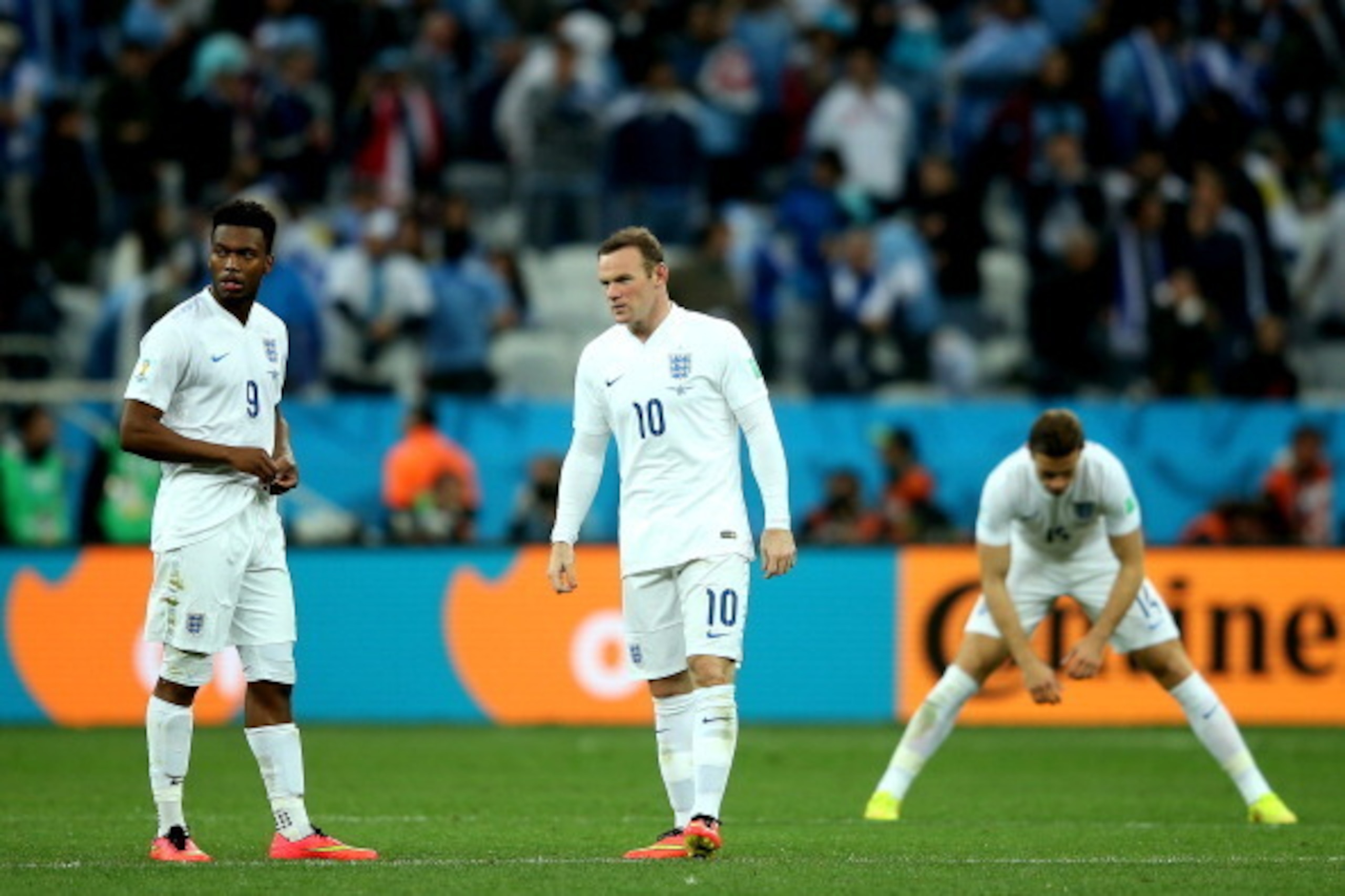SAO PAULO, BRAZIL - JUNE 19: Daniel Sturridge and Wayne Rooney of England look dejected during the 2014 FIFA World Cup Brazil Group D match between Uruguay and England at Arena de Sao Paulo on June 19, 2014 in Sao Paulo, Brazil. (Photo by Richard Heathc SAO PAULO, BRAZIL - JUNE 19: Daniel Sturridge and Wayne Rooney of England look dejected during the 2014 FIFA World Cup Brazil Group D match between Uruguay and England at Arena de Sao Paulo on June 19, 2014 in Sao Paulo, Brazil. (Photo by Richard Heathc