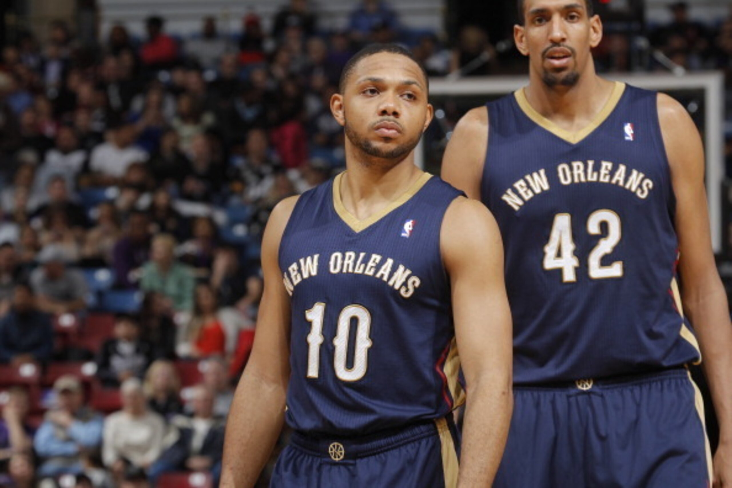 SACRAMENTO, CA - MARCH 3: Eric Gordon #10 and Alexis Ajinca #42 of the New Orleans Pelicans in a game against the Sacramento Kings on March 3, 2014 at Sleep Train Arena in Sacramento, California. NOTE TO USER: User expressly acknowledges and agrees that, 