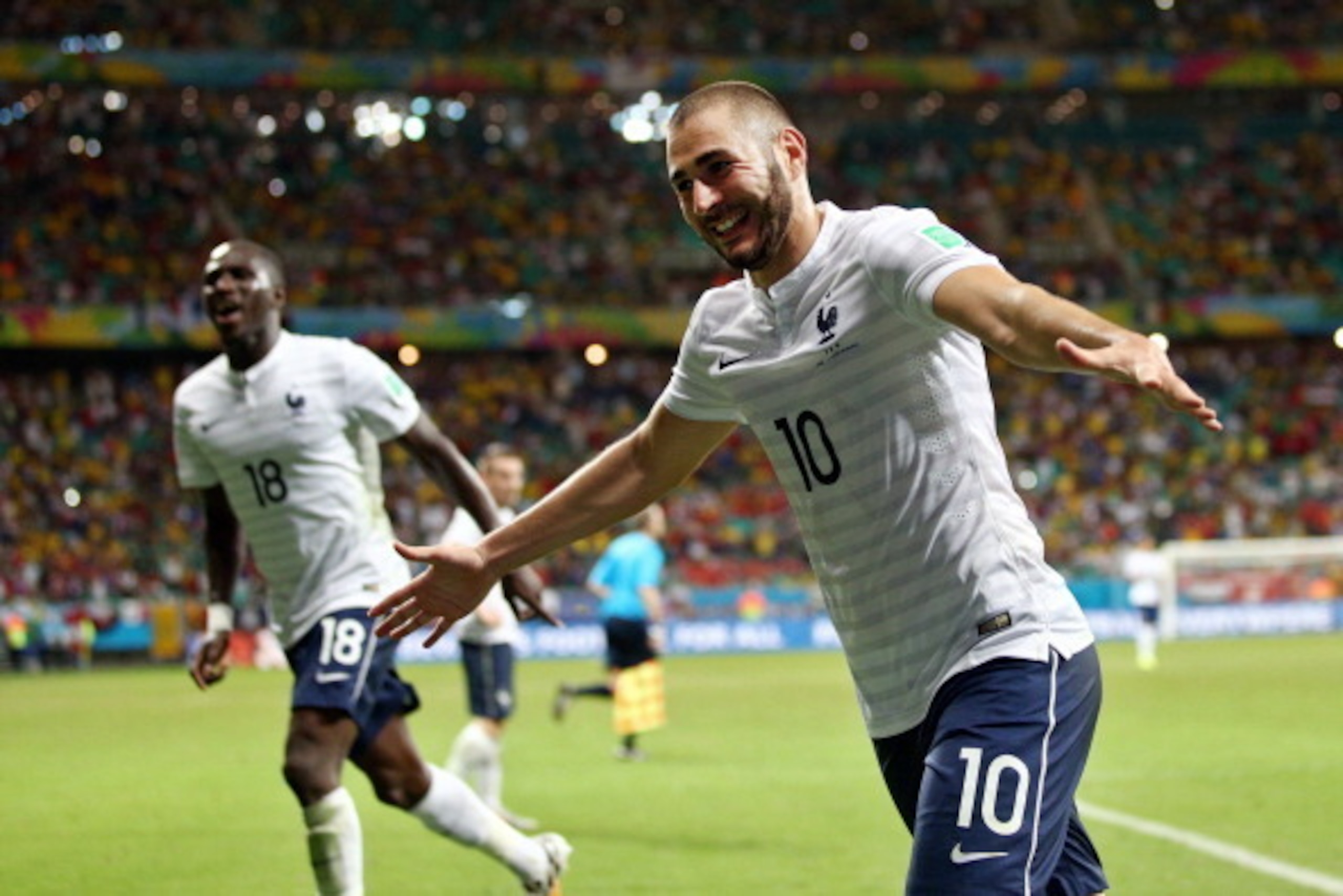 SALVADOR, BRAZIL - JUNE 20:  Karim Benzema of France celebrates a goal that came after the referee had blown full time during the 2014 FIFA World Cup Brazil Group E match between Switzerland and France at Arena Fonte Nova on June 20, 2014 in Salvador, Bra