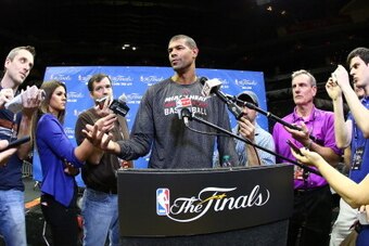 SAN ANTONIO, TX JUNE 04: Shane Battier of the Miami Heat addresses the media during media availability as part of the 2014 NBA Finals on June 04, 2014 at AT&T Center in San Antonio, Texas. NOTE TO USER: User expressly acknowledges and agrees that, by down