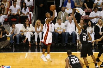 MIAMI, FL - JUNE 12: Ray Allen #34 of the Miami Heat shoots against the San Antonio Spurs during Game Four of the 2014 NBA Finals at American Airlines Arena on June 12, 2014 in Miami, Florida. NOTE TO USER: User expressly acknowledges and agrees that, by 