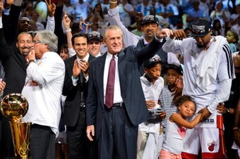 MIAMI, FL - JUNE 20: Miami Heat President Pat Riley celebrates following his team's victory against the San Antonio Spurs in Game Seven of the 2013 NBA Finals on June 20, 2013 at American Airlines Arena in Miami, Florida. NOTE TO USER: User expressly ackn