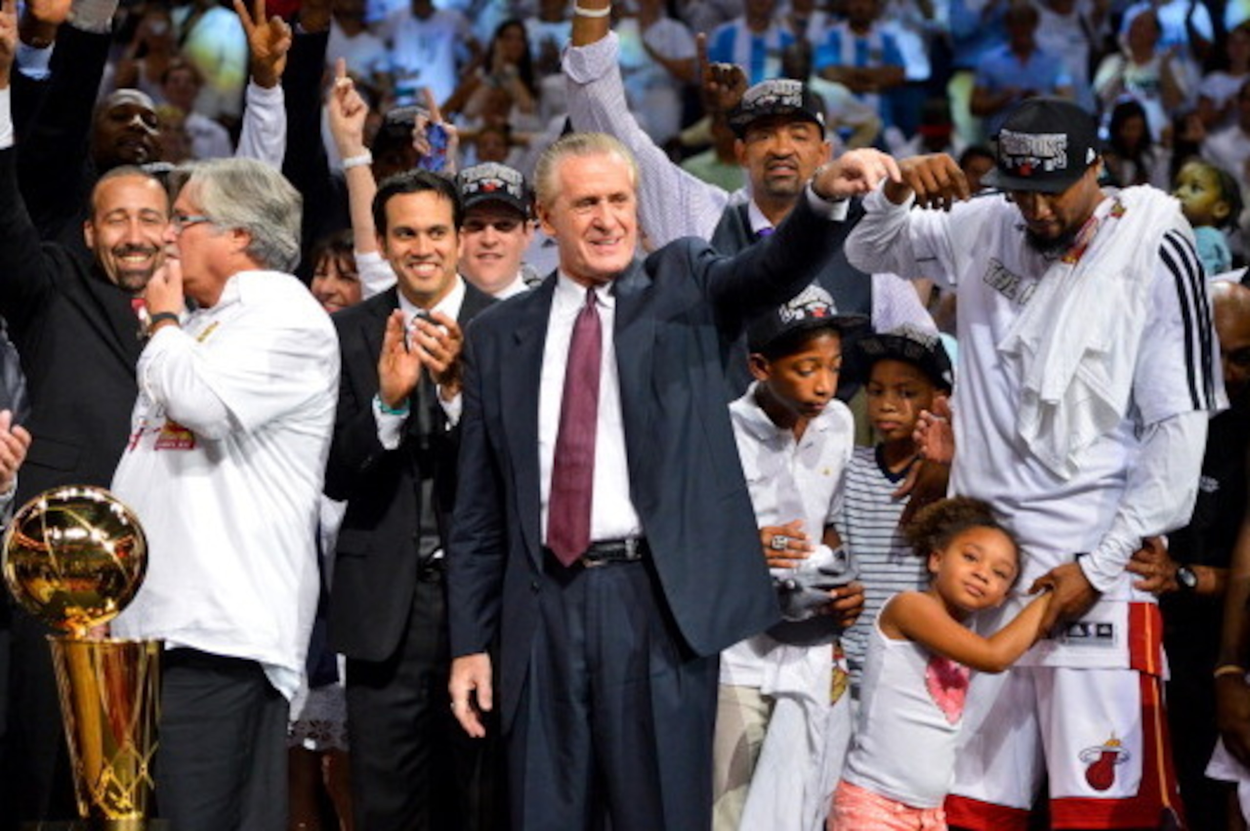 MIAMI, FL - JUNE 20: Miami Heat President Pat Riley celebrates following his team's victory against the San Antonio Spurs in Game Seven of the 2013 NBA Finals on June 20, 2013 at American Airlines Arena in Miami, Florida. NOTE TO USER: User expressly ackn