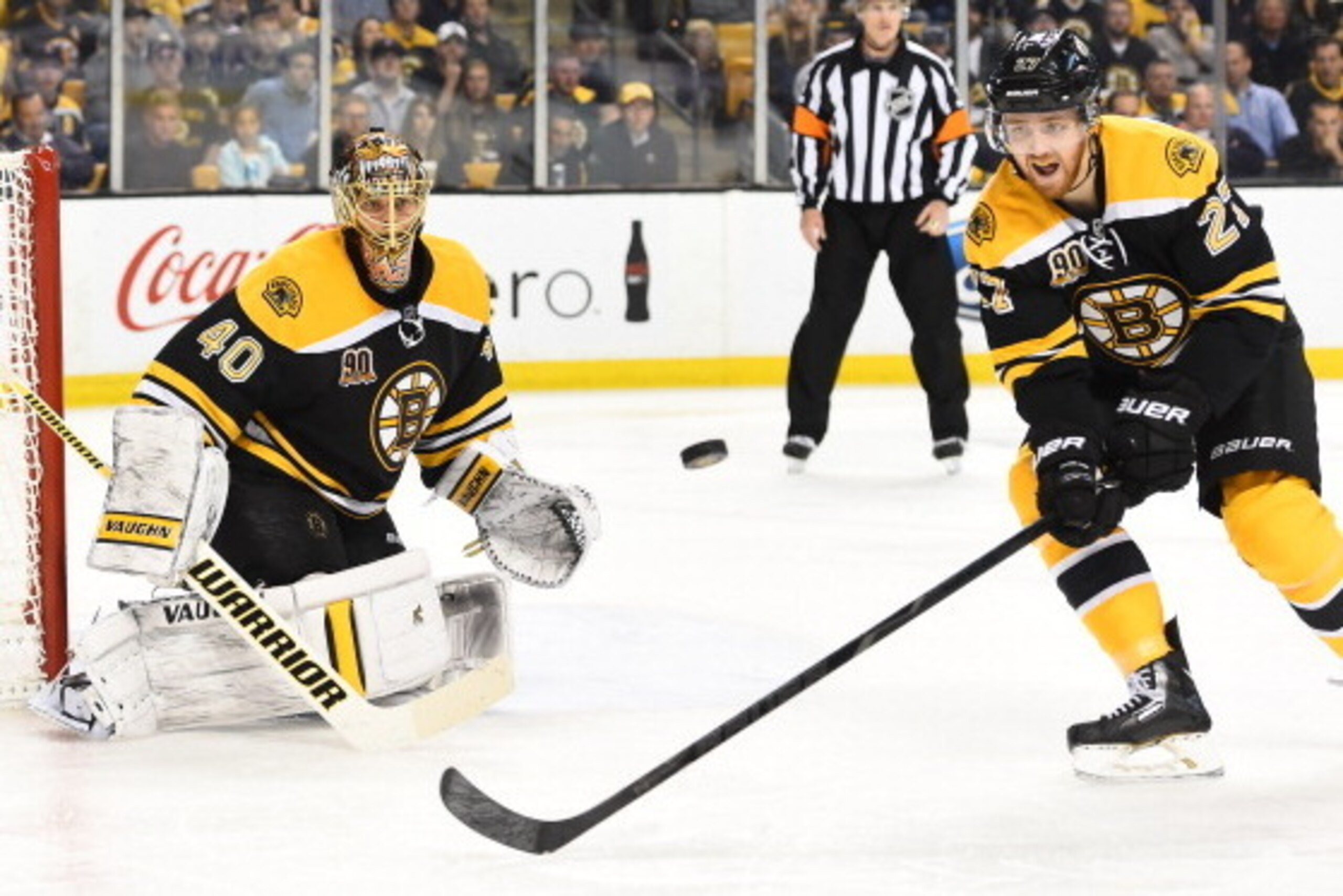 BOSTON, MA - MAY 14: Tuukka Rask #40 and Dougie Hamilton #27 of the Boston Bruins against watch the loose puck the Montreal Canadiens in Game Seven of the Second Round of the 2014 Stanley Cup Playoffs at TD Garden on May 14, 2014 in Boston, Massachusetts.