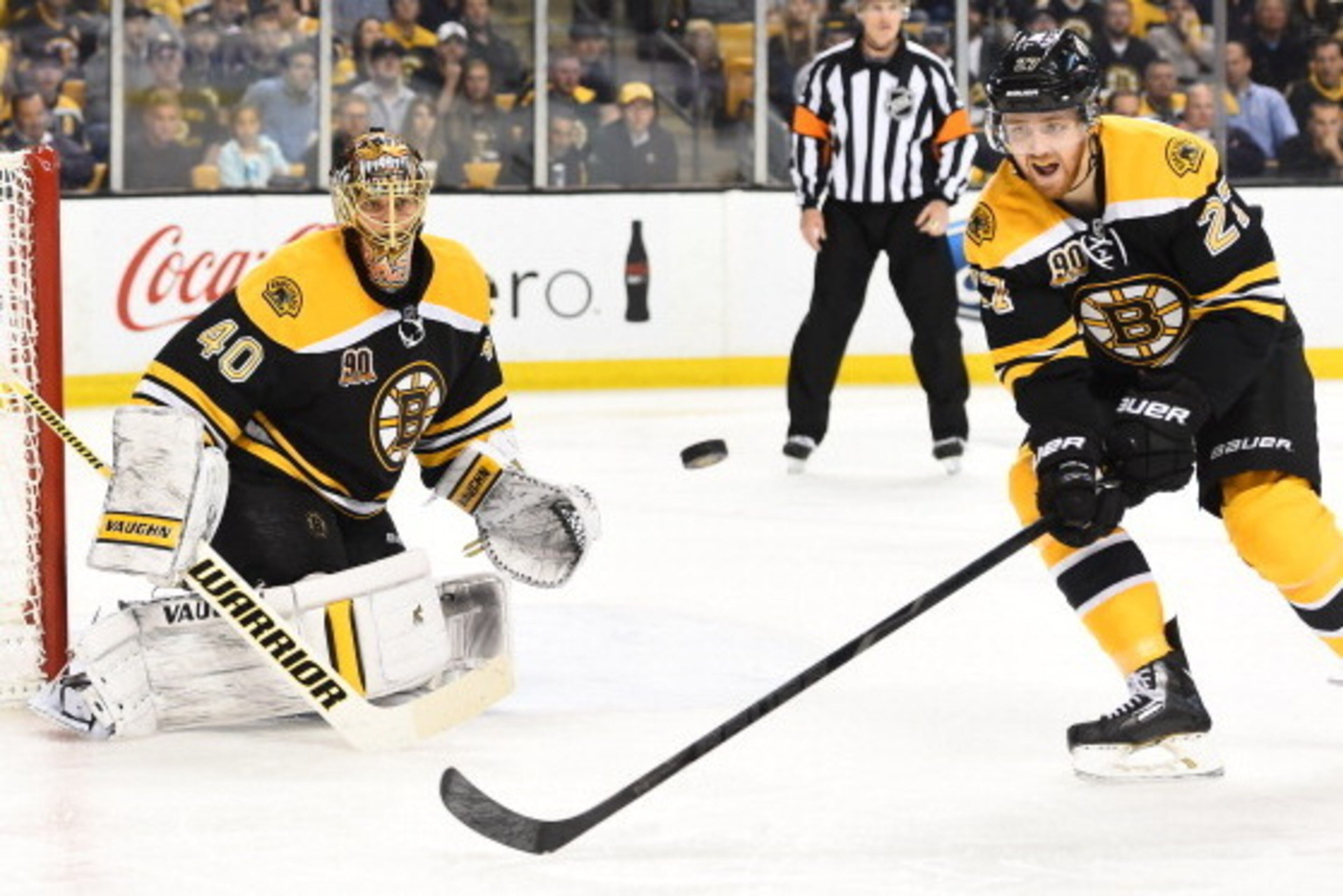 BOSTON, MA - MAY 14: Tuukka Rask #40 and Dougie Hamilton #27 of the Boston Bruins against watch the loose puck the Montreal Canadiens in Game Seven of the Second Round of the 2014 Stanley Cup Playoffs at TD Garden on May 14, 2014 in Boston, Massachusetts.