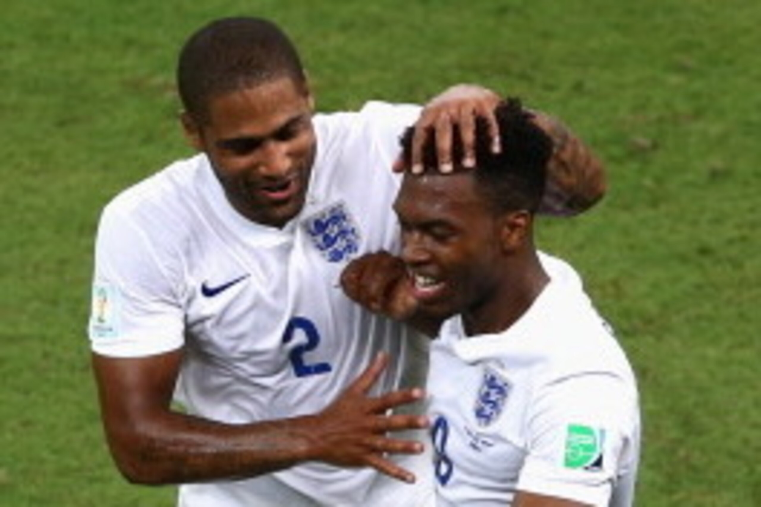 MANAUS, BRAZIL - JUNE 14:  Glen Johnson of England and Daniel Sturridge celebrate after scoring the first goal during the 2014 FIFA World Cup Brazil Group D match between England and Italy at Arena Amazonia on June 14, 2014 in Manaus, Brazil.  (Photo by W