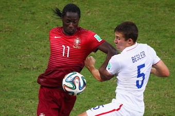MANAUS, BRAZIL - JUNE 22:  Eder of Portugal and Matt Besler of the United States compete for the ball during the 2014 FIFA World Cup Brazil Group G match between the United States and Portugal at Arena Amazonia on June 22, 2014 in Manaus, Brazil.  (Photo 