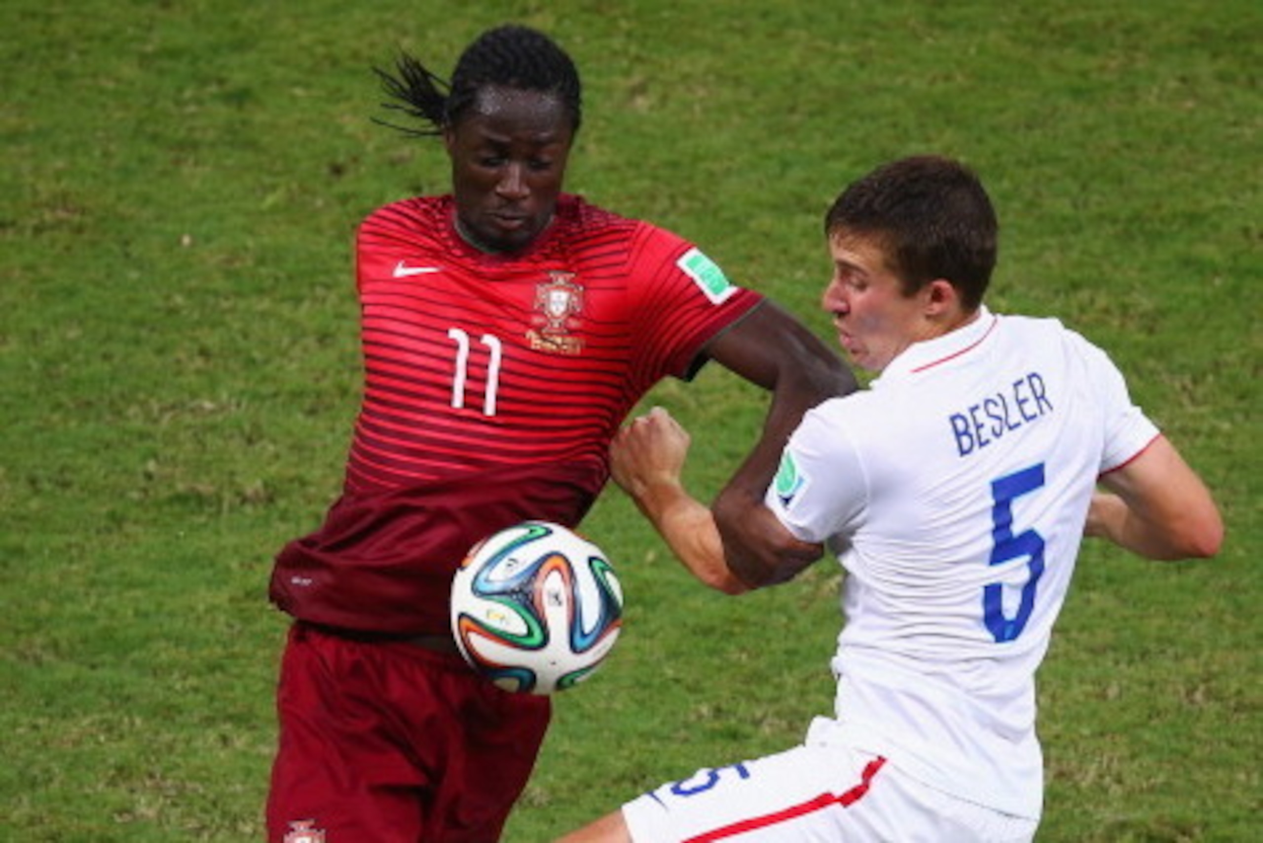 MANAUS, BRAZIL - JUNE 22:  Eder of Portugal and Matt Besler of the United States compete for the ball during the 2014 FIFA World Cup Brazil Group G match between the United States and Portugal at Arena Amazonia on June 22, 2014 in Manaus, Brazil.  (Photo 