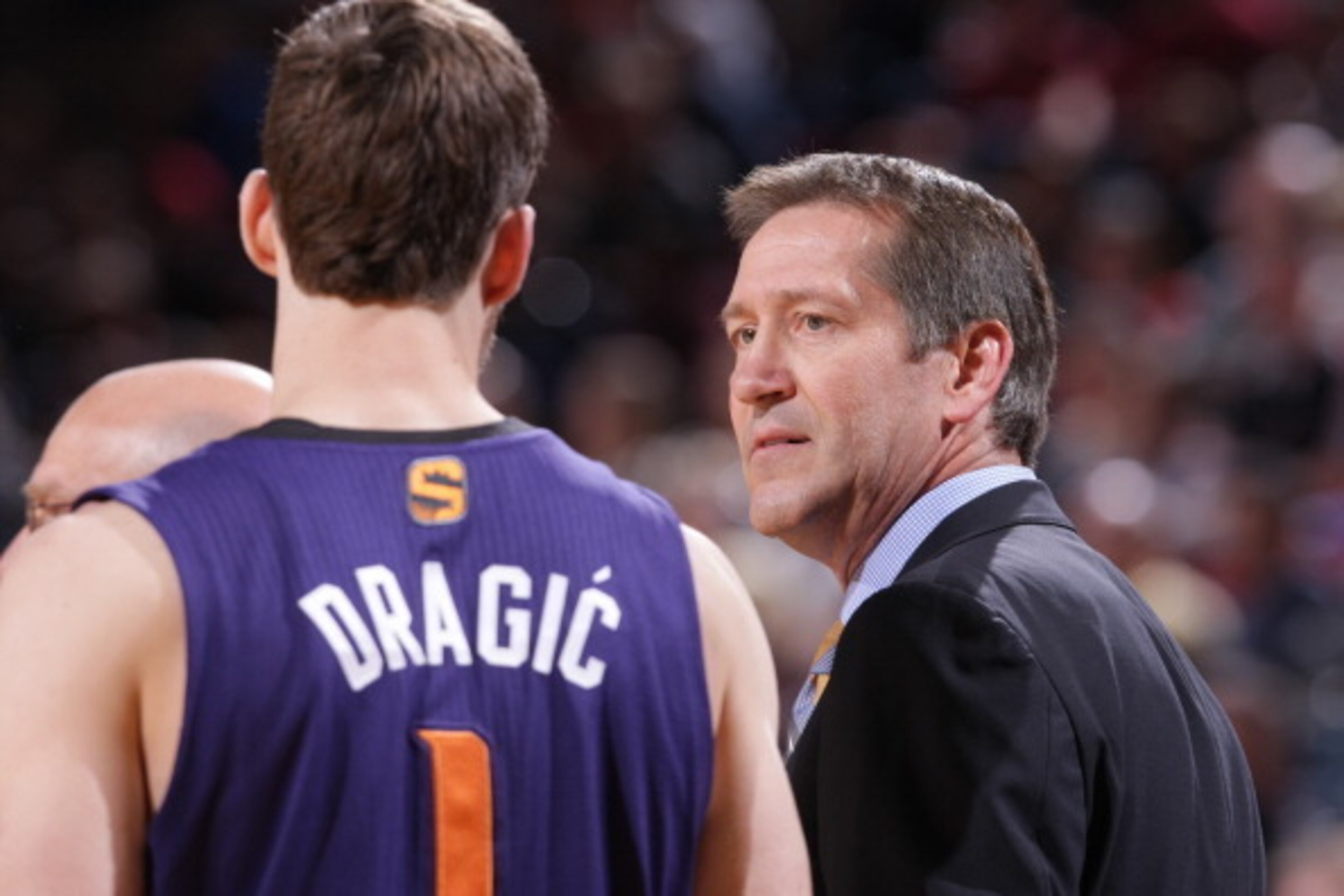 PORTLAND, OR - APRIL 4:  Jeff Hornacek of the Phoenix Suns talks with Goran Dragic #1 during the game against the Portland Trail Blazers on April 4, 2014 at the Moda Center Arena in Portland, Oregon. NOTE TO USER: User expressly acknowledges and agrees th