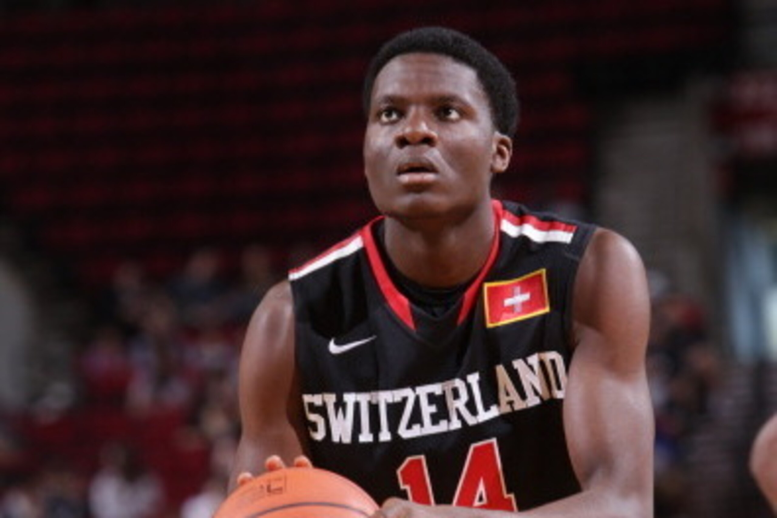 PORTLAND, OR - APRIL 12:  Clint Capela #14 of the World Team shoots the ball against the USA Team on April 12, 2014 at the Moda Center Arena in Portland, Oregon. NOTE TO USER: User expressly acknowledges and agrees that, by downloading and or using this p