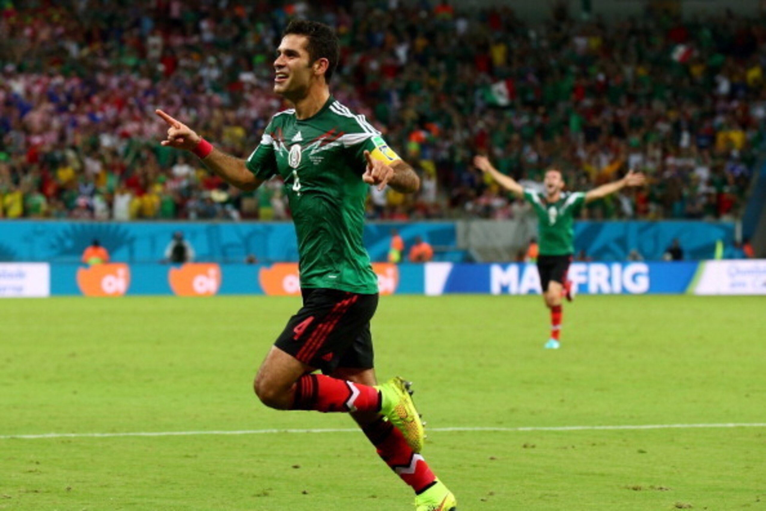 RECIFE, BRAZIL - JUNE 23:  Rafael Marquez of Mexico celebrates scoring his team's first goal during the 2014 FIFA World Cup Brazil Group A match between Croatia and Mexico at Arena Pernambuco on June 23, 2014 in Recife, Brazil.  (Photo by Robert Cianflone