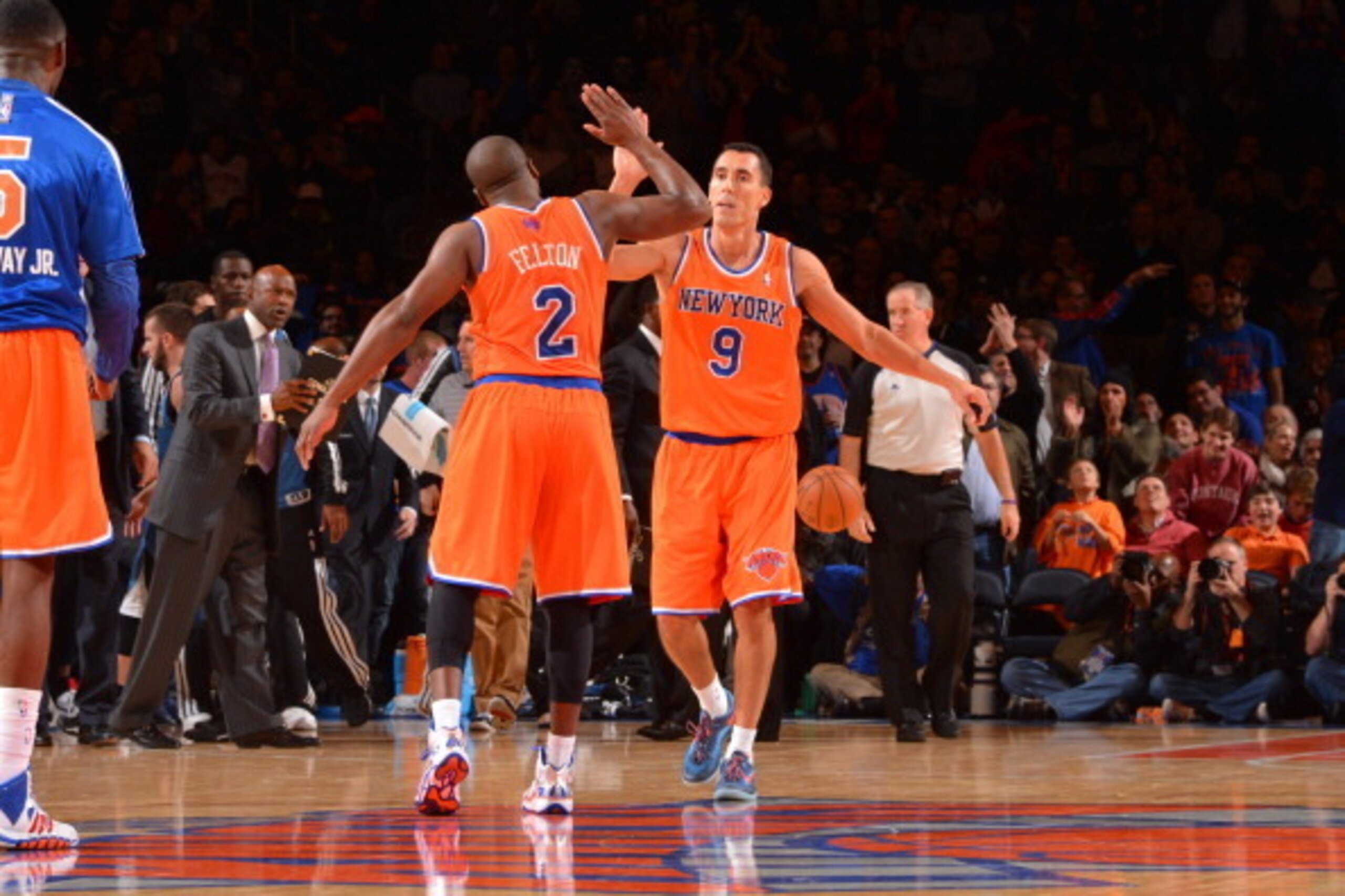 NEW YORK, NY - NOVEMBER 03: Raymond Felton #2 and Pablo Prigioni #9 of the New York Knicks high-five on court during the game against the Minnesota Timberwolves on November 3, 2013 at Madison Square Garden in New York City, New York. NOTE TO USER: User ex