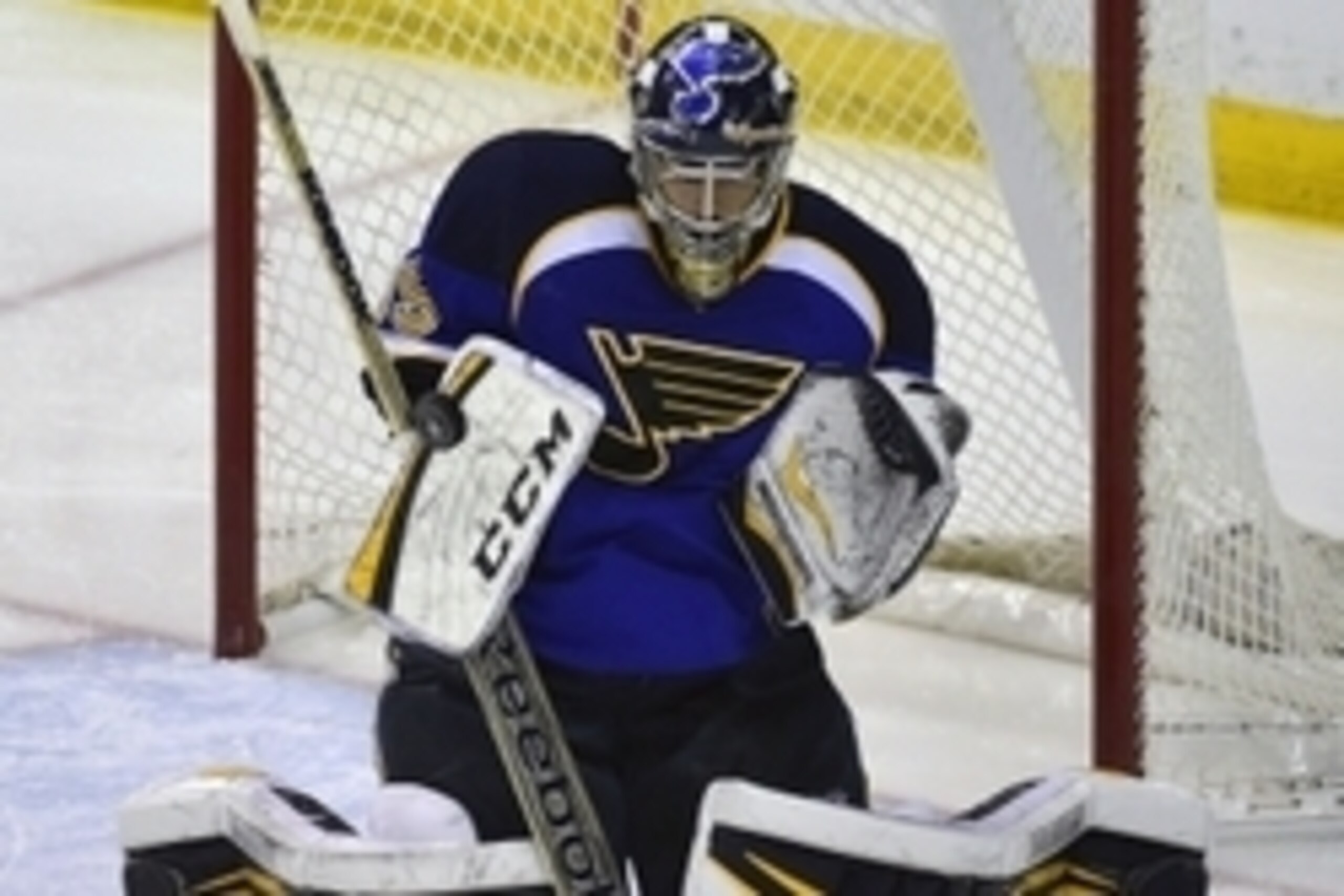 Apr 25, 2014; St. Louis, MO, USA; St. Louis Blues goalie Ryan Miller (39) makes a save against the Chicago Blackhawks during the third period in game five of the first round of the 2014 Stanley Cup Playoffs at Scottrade Center. Mandatory Credit: Scott Rov Apr 25, 2014; St. Louis, MO, USA; St. Louis Blues goalie Ryan Miller (39) makes a save against the Chicago Blackhawks during the third period in game five of the first round of the 2014 Stanley Cup Playoffs at Scottrade Center. Mandatory Credit: Scott Rov