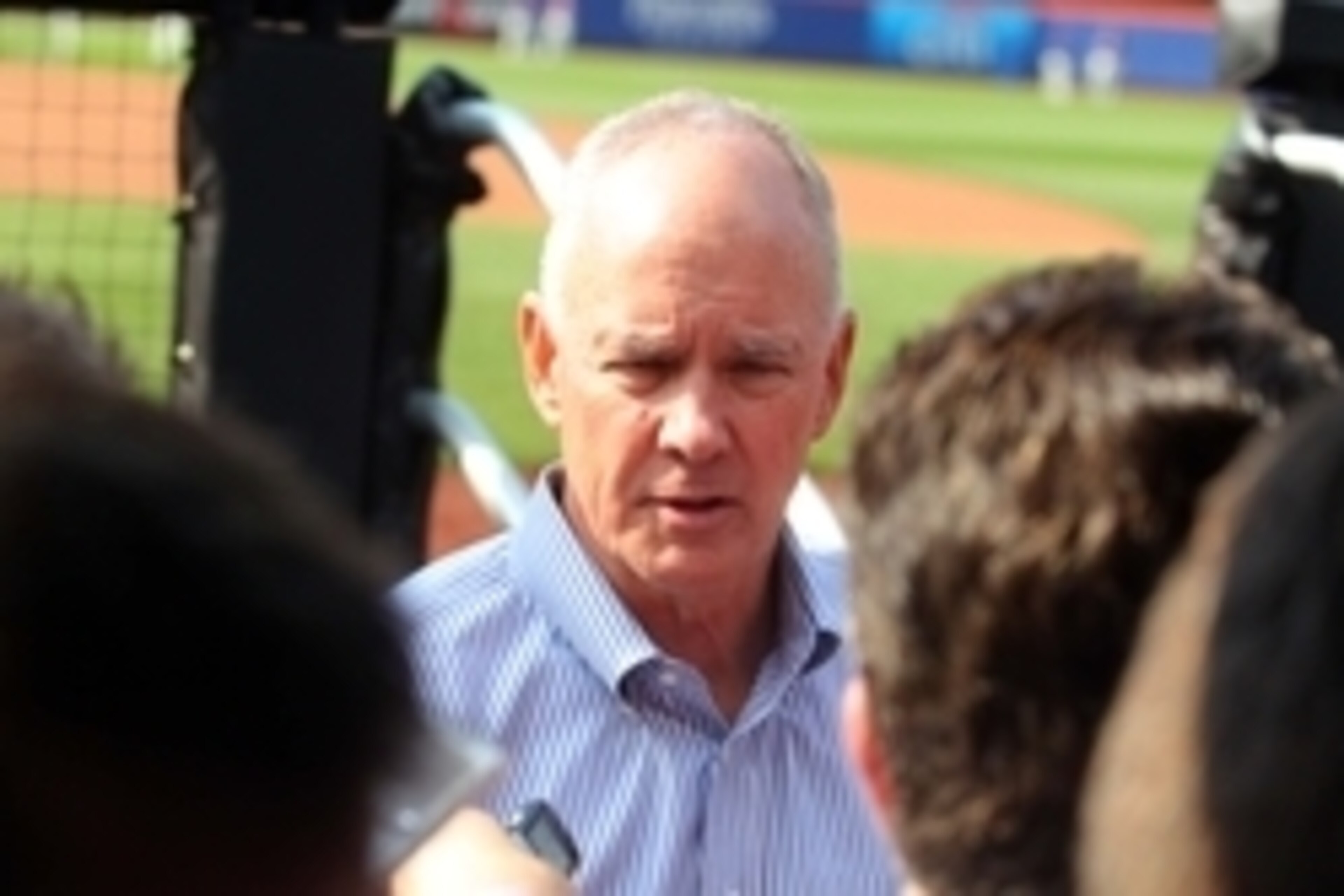 May 27, 2014; New York, NY, USA; New York Mets general manager Sandy Alderson talks to the media before a game against the Pittsburgh Pirates at Citi Field. Mandatory Credit: Brad Penner-USA TODAY Sports