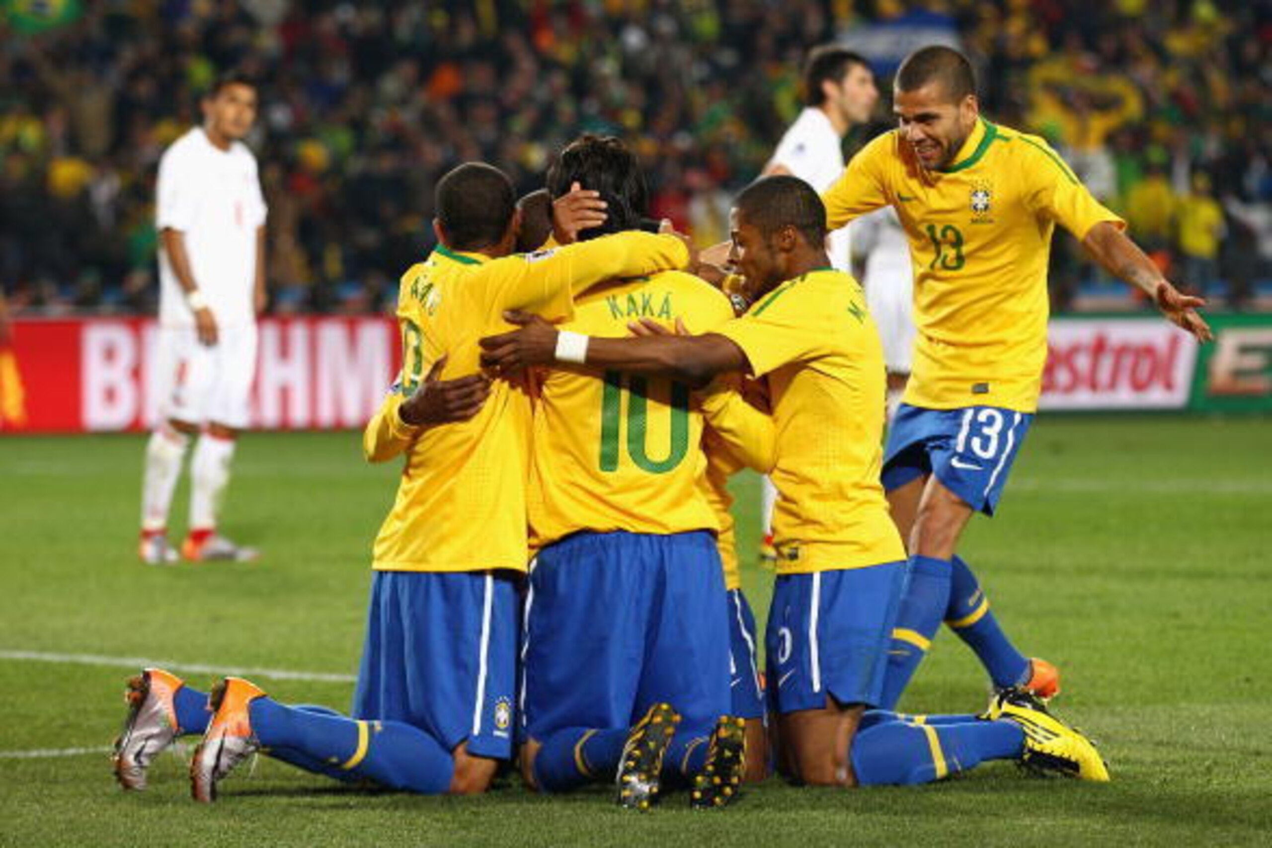 JOHANNESBURG, SOUTH AFRICA - JUNE 28: Brazil players celebrate Robinho scoring his side's third goal during the 2010 FIFA World Cup South Africa Round of Sixteen match between Brazil and Chile at Ellis Park Stadium on June 28, 2010 in Johannesburg, South JOHANNESBURG, SOUTH AFRICA - JUNE 28: Brazil players celebrate Robinho scoring his side's third goal during the 2010 FIFA World Cup South Africa Round of Sixteen match between Brazil and Chile at Ellis Park Stadium on June 28, 2010 in Johannesburg, South
